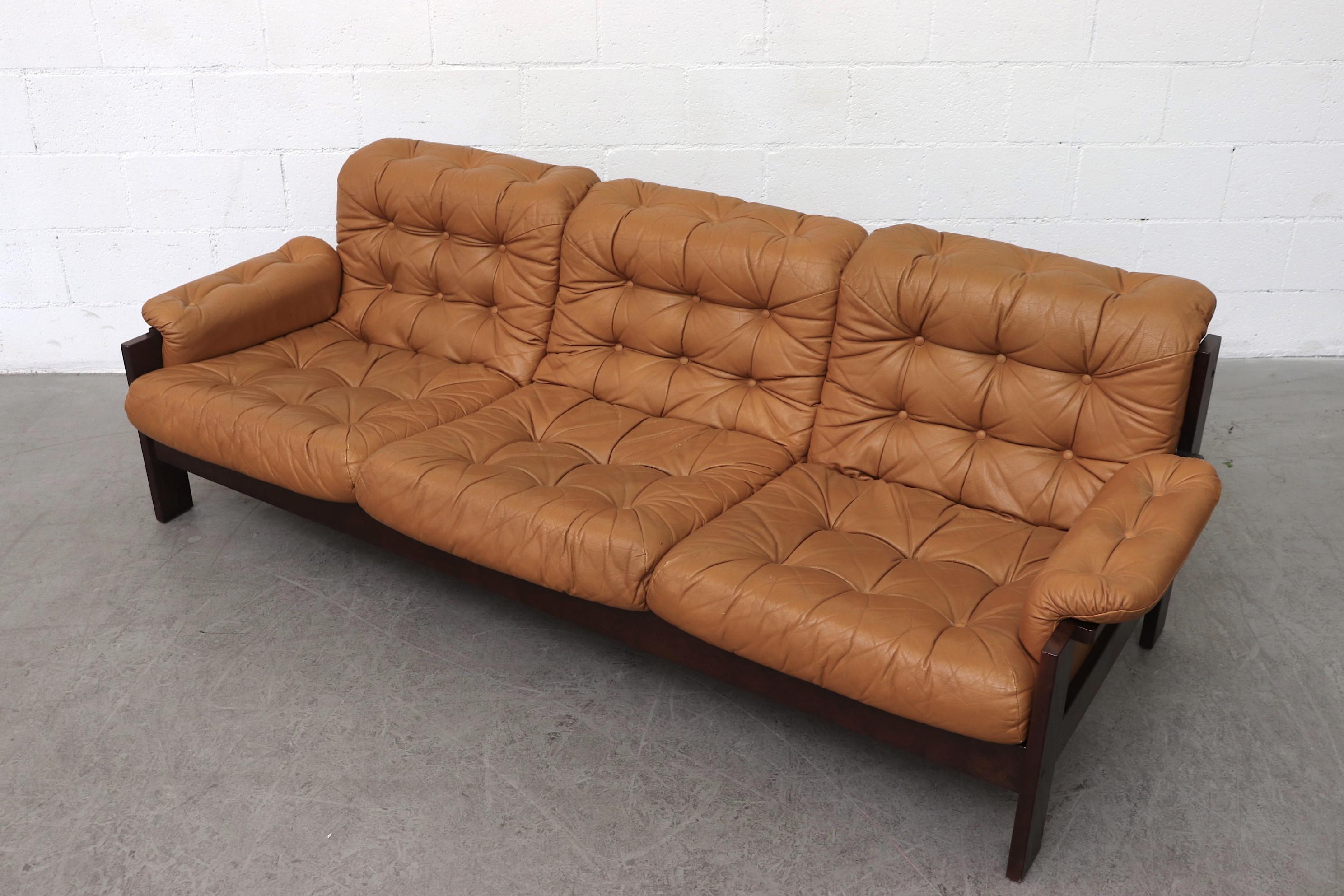 Mid-20th Century Arne Norell Inspired Butterscotch Tufted Leather Sofa for llums Bolighus