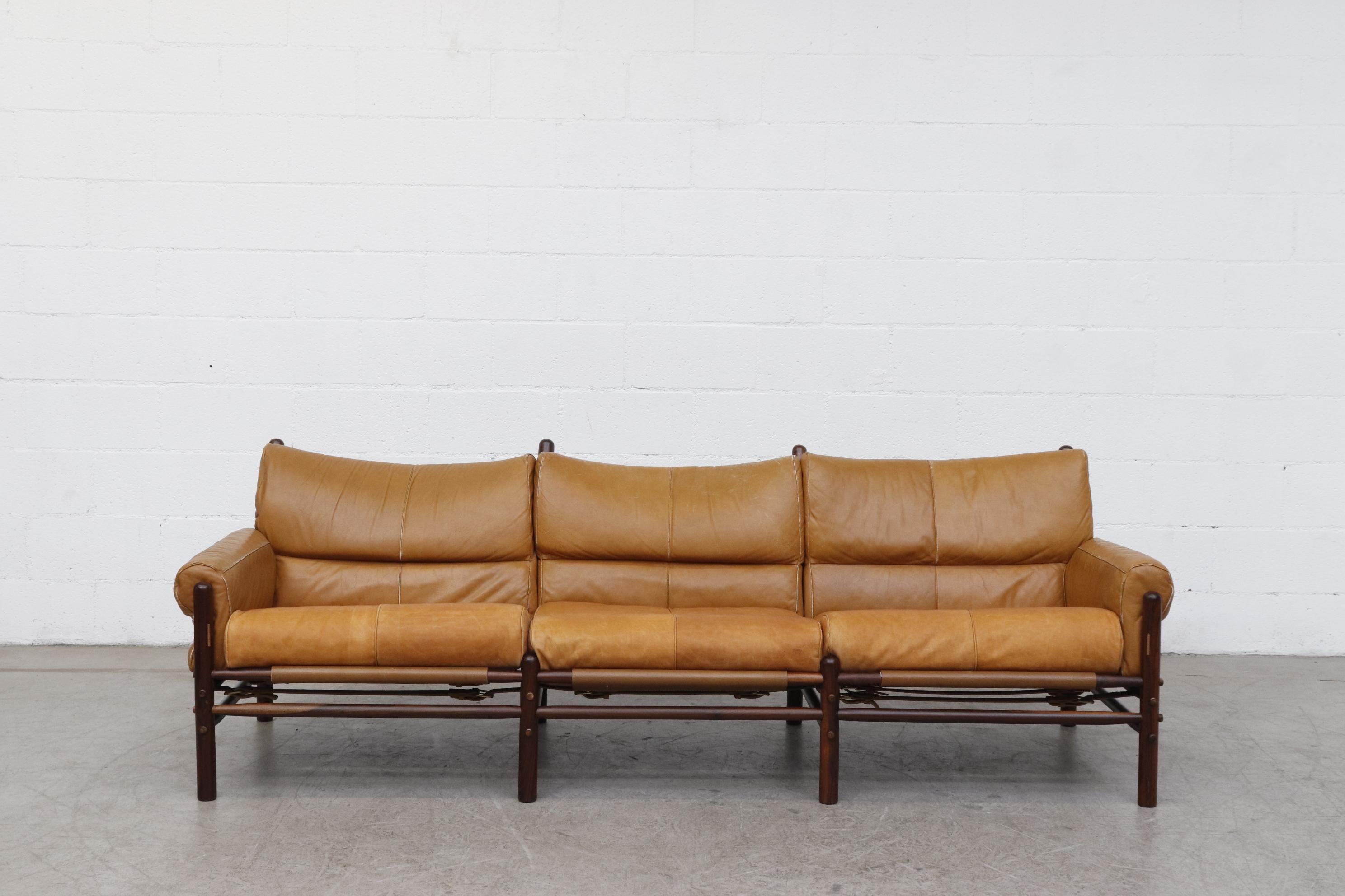 Mid-Century Modern Arne Norell Kon-Tiki Leather 3-Seat Sofa