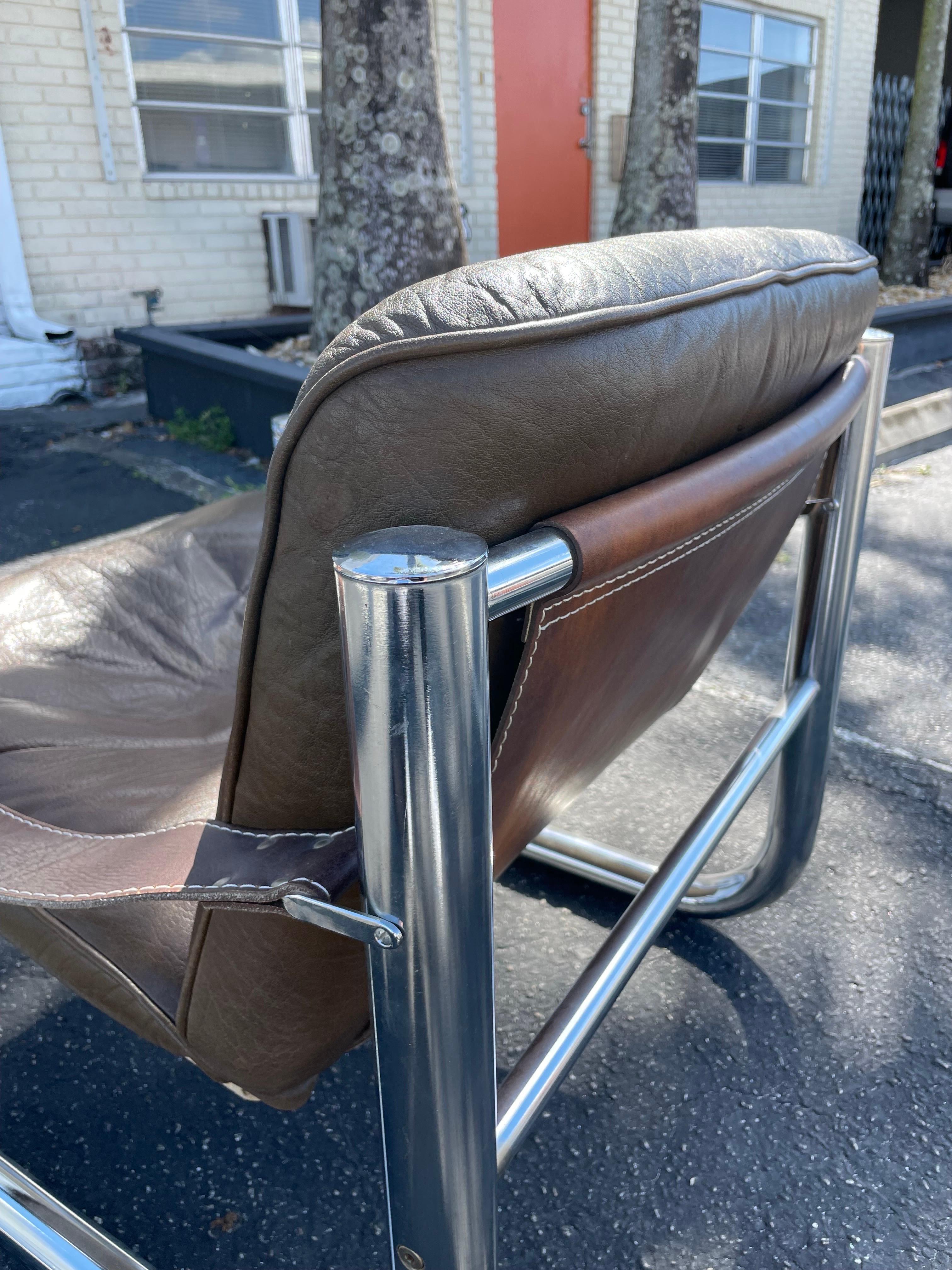 Arne Norell Leather and Chrome Tubular Safari Danish Mid-Century Modern Chair For Sale 7