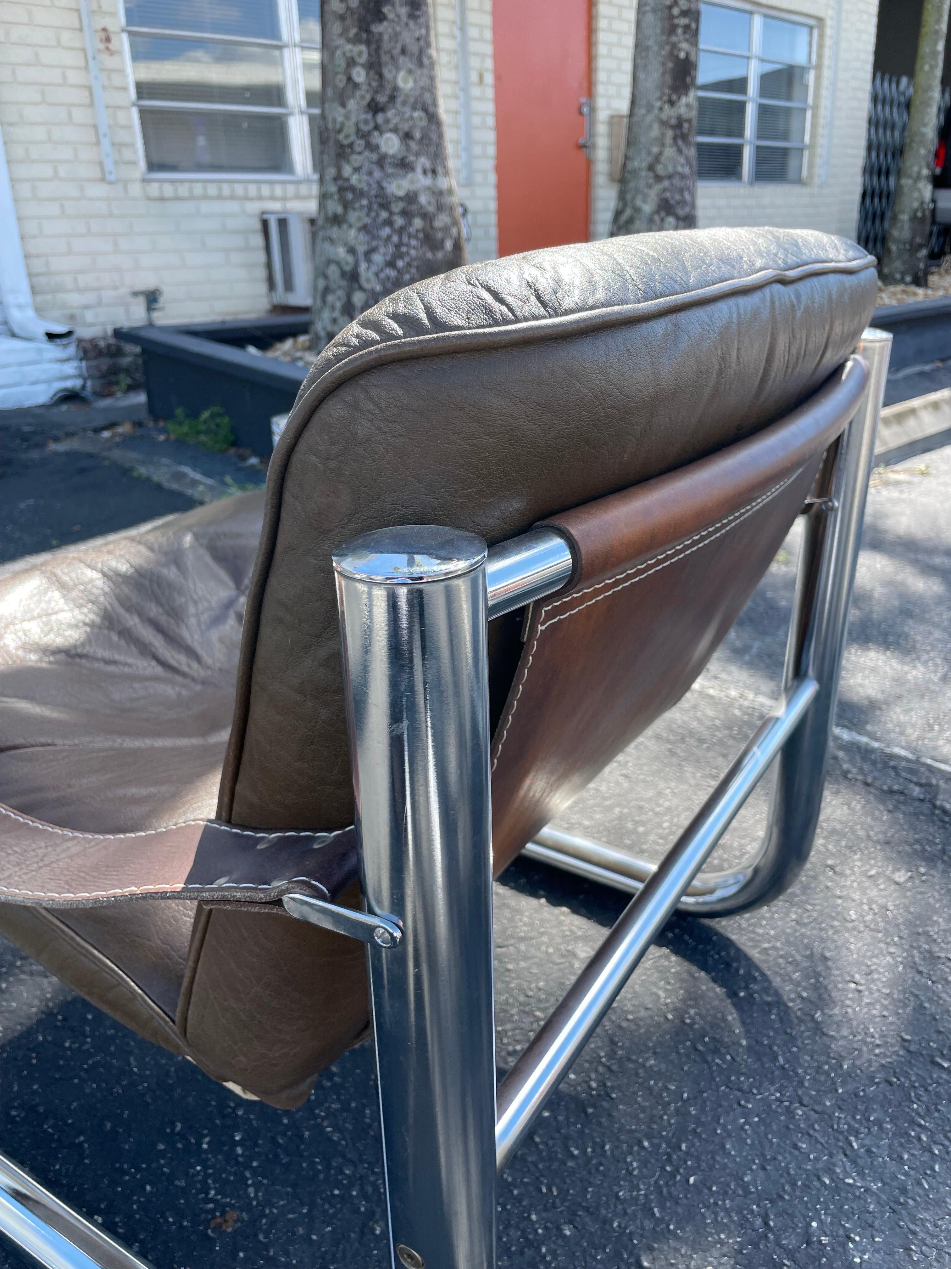 Arne Norell Leather and Chrome Tubular Safari Danish Mid-Century Modern Chair For Sale 5