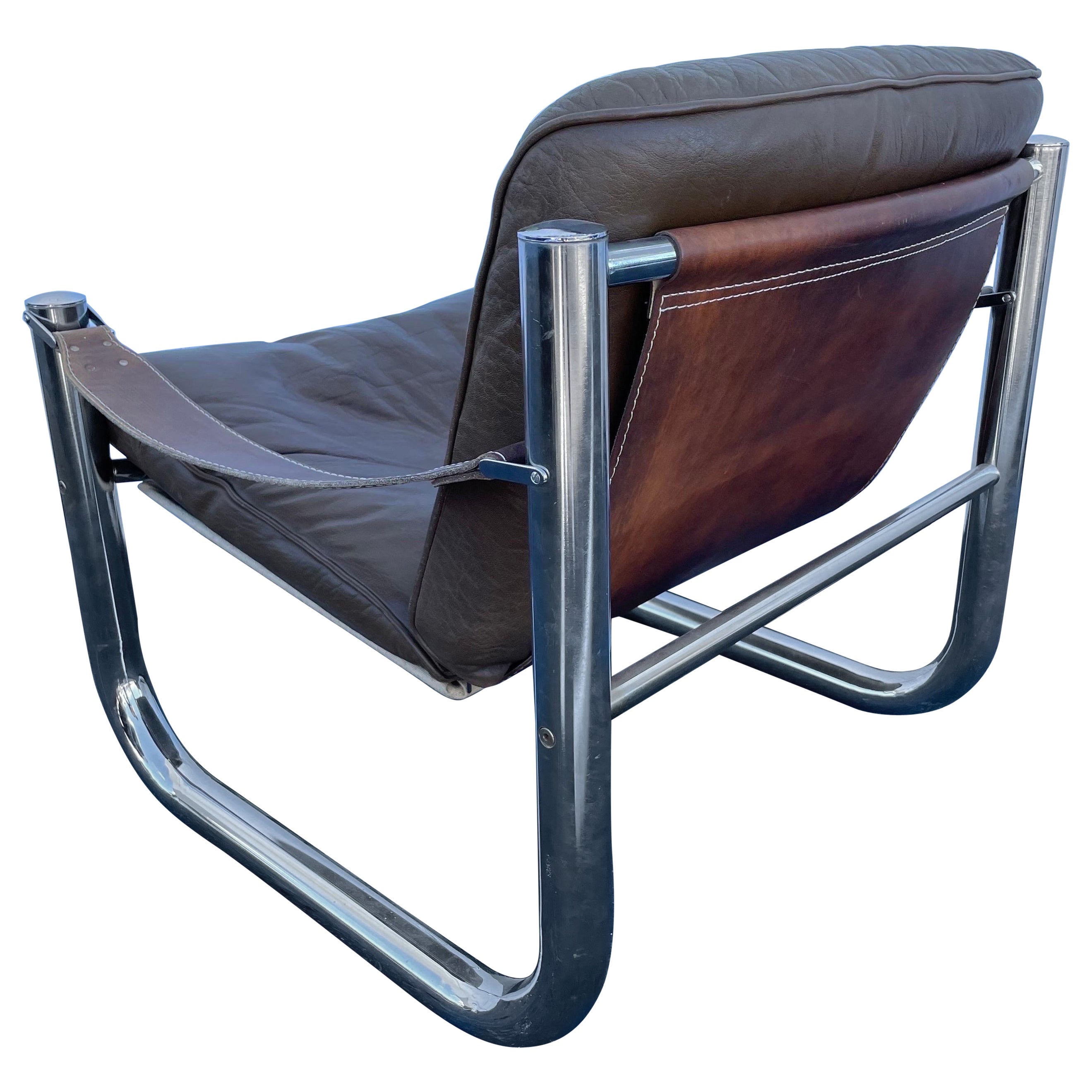 Rara Silla Safari de Arne Norell. Cromo tubular y cuero marrón. Etiquetado.