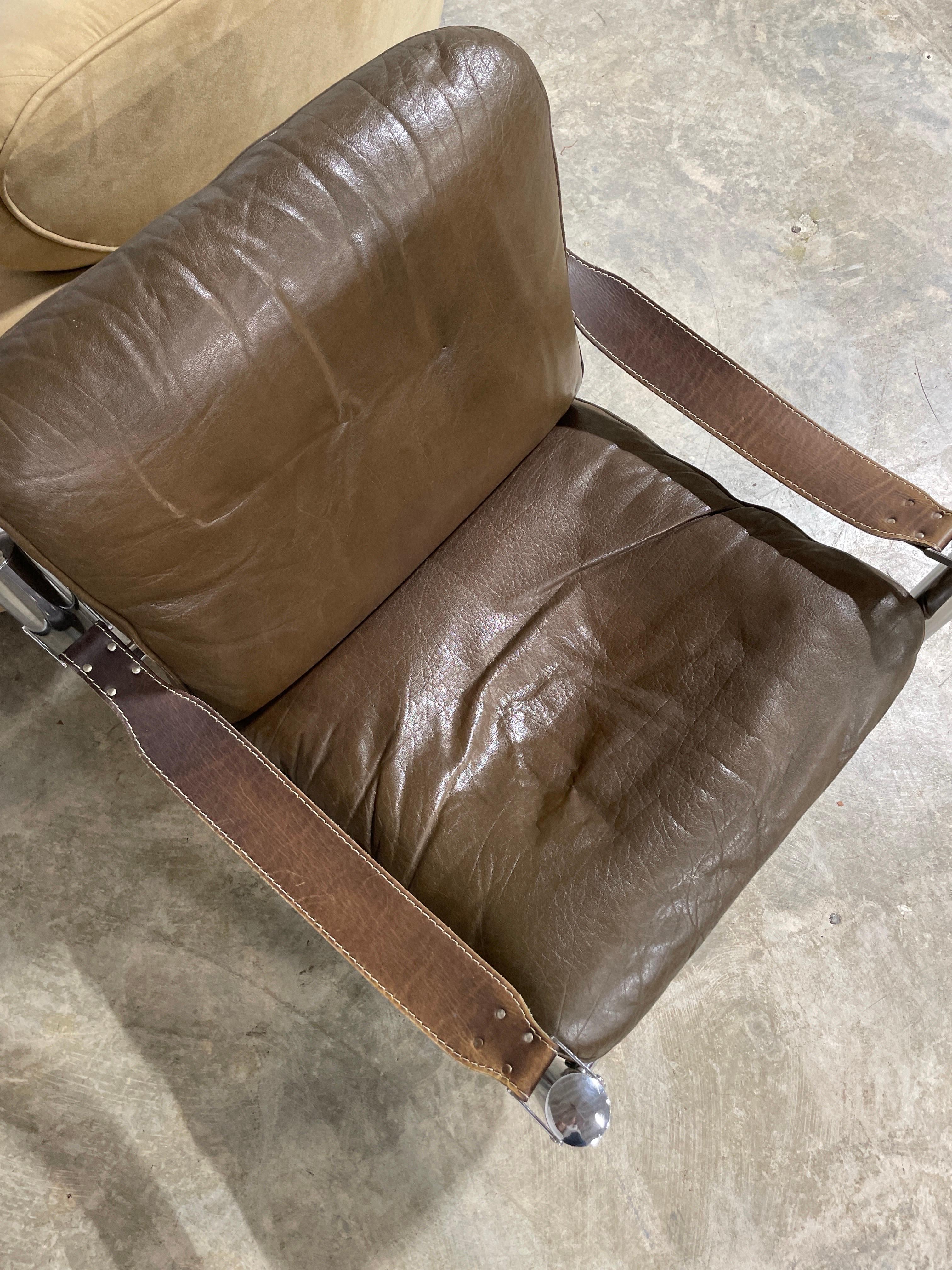 Swedish Arne Norell Leather and Chrome Tubular Safari Danish Mid-Century Modern Chair For Sale