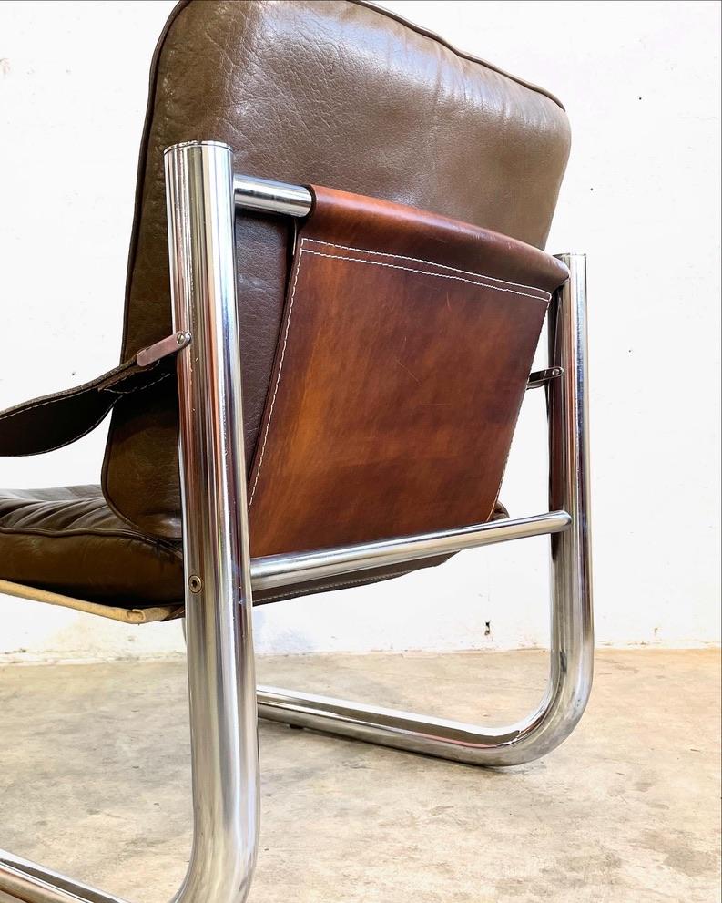 Swedish Arne Norell Leather and Chrome Tubular Safari Danish Mid-Century Modern Chair For Sale