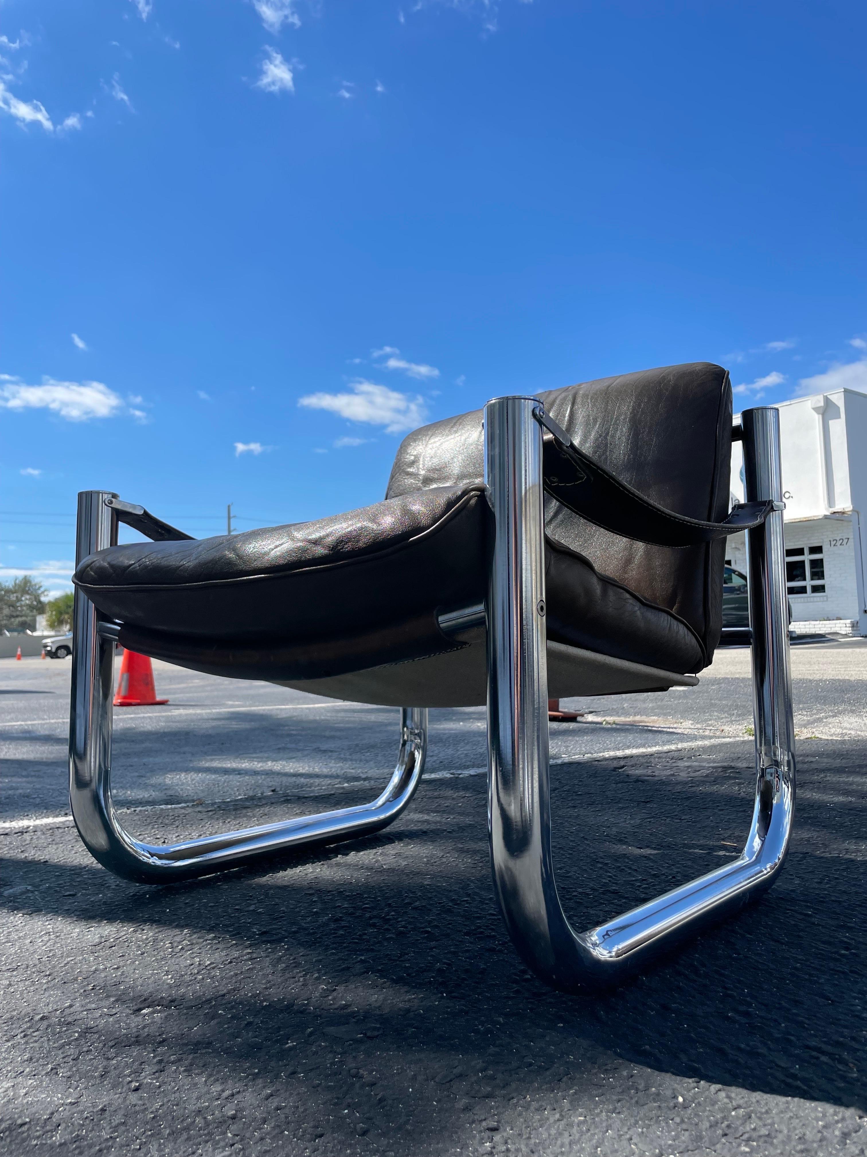 Arne Norell Leather and Chrome Tubular Safari Danish Mid-Century Modern Chair For Sale 3