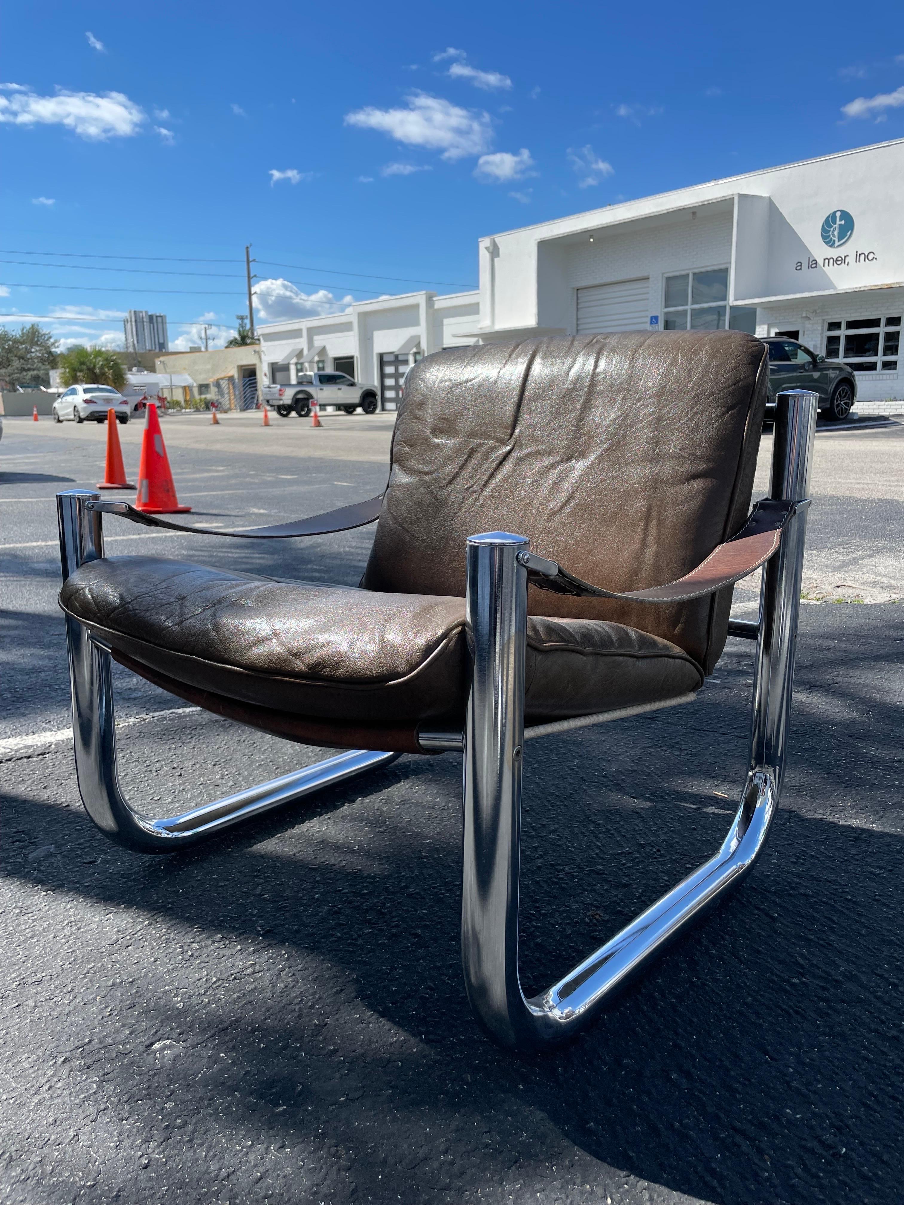 Arne Norell Leather and Chrome Tubular Safari Danish Mid-Century Modern Chair For Sale 4