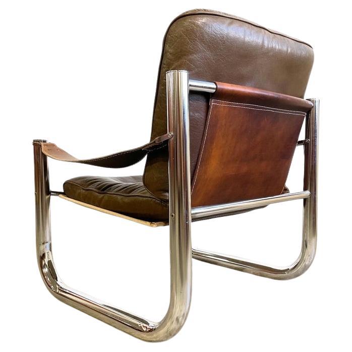 Arne Norell Leather and Chrome Tubular Safari Danish Mid-Century Modern Chair