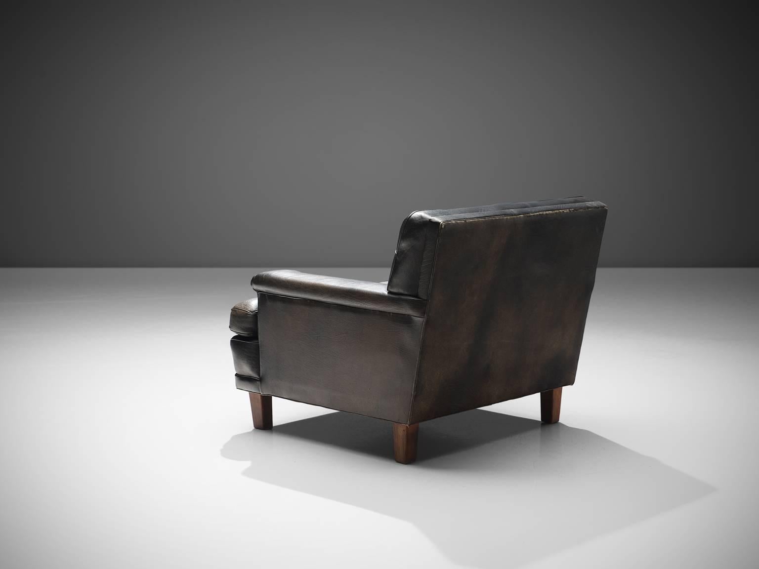 Scandinavian Modern Arne Norell Lounge Chair in Black Patinated Leather