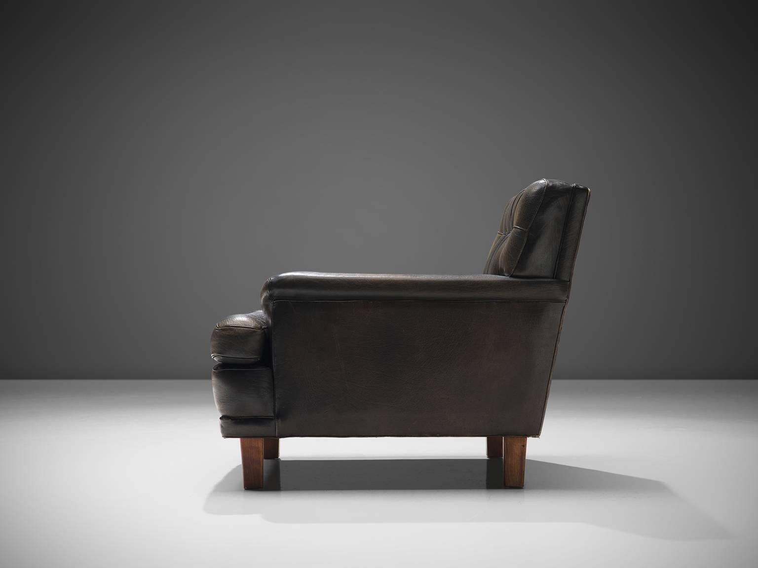 Swedish Arne Norell Lounge Chair in Black Patinated Leather
