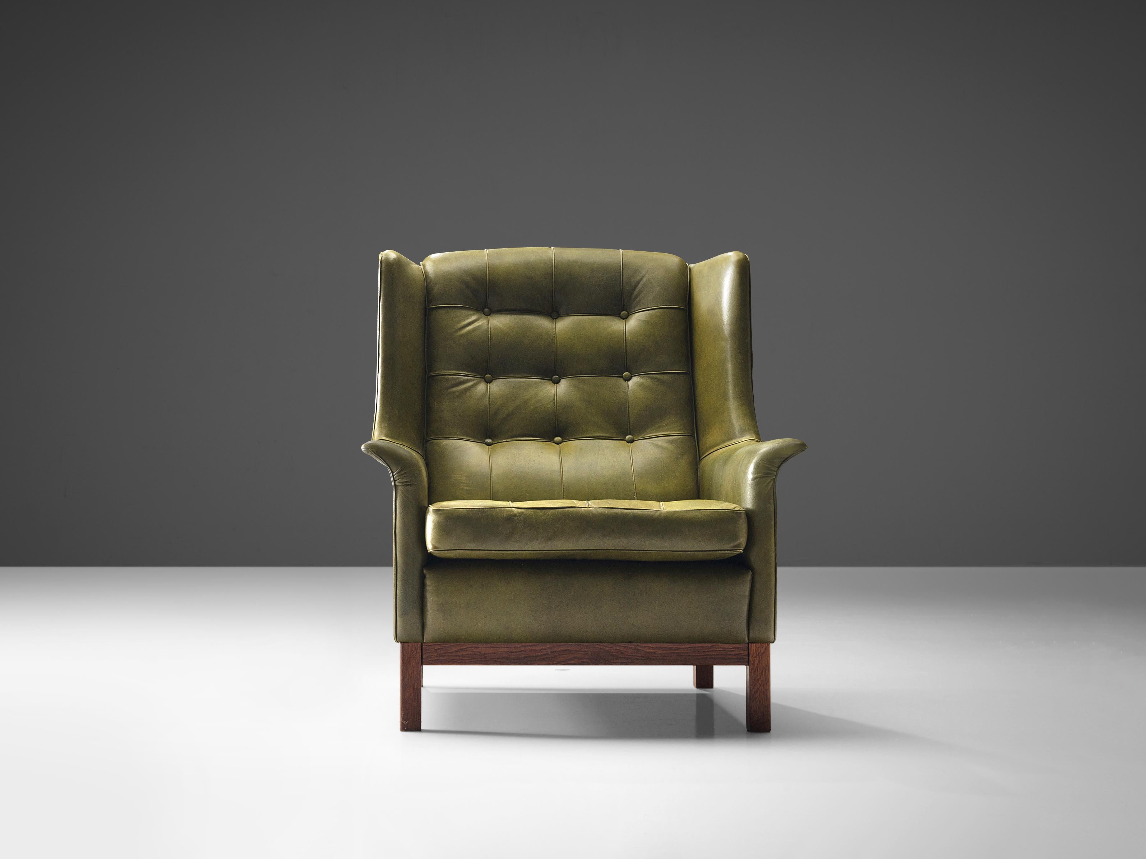 Swedish Arne Norell Lounge Chair in Patinated Green Leather