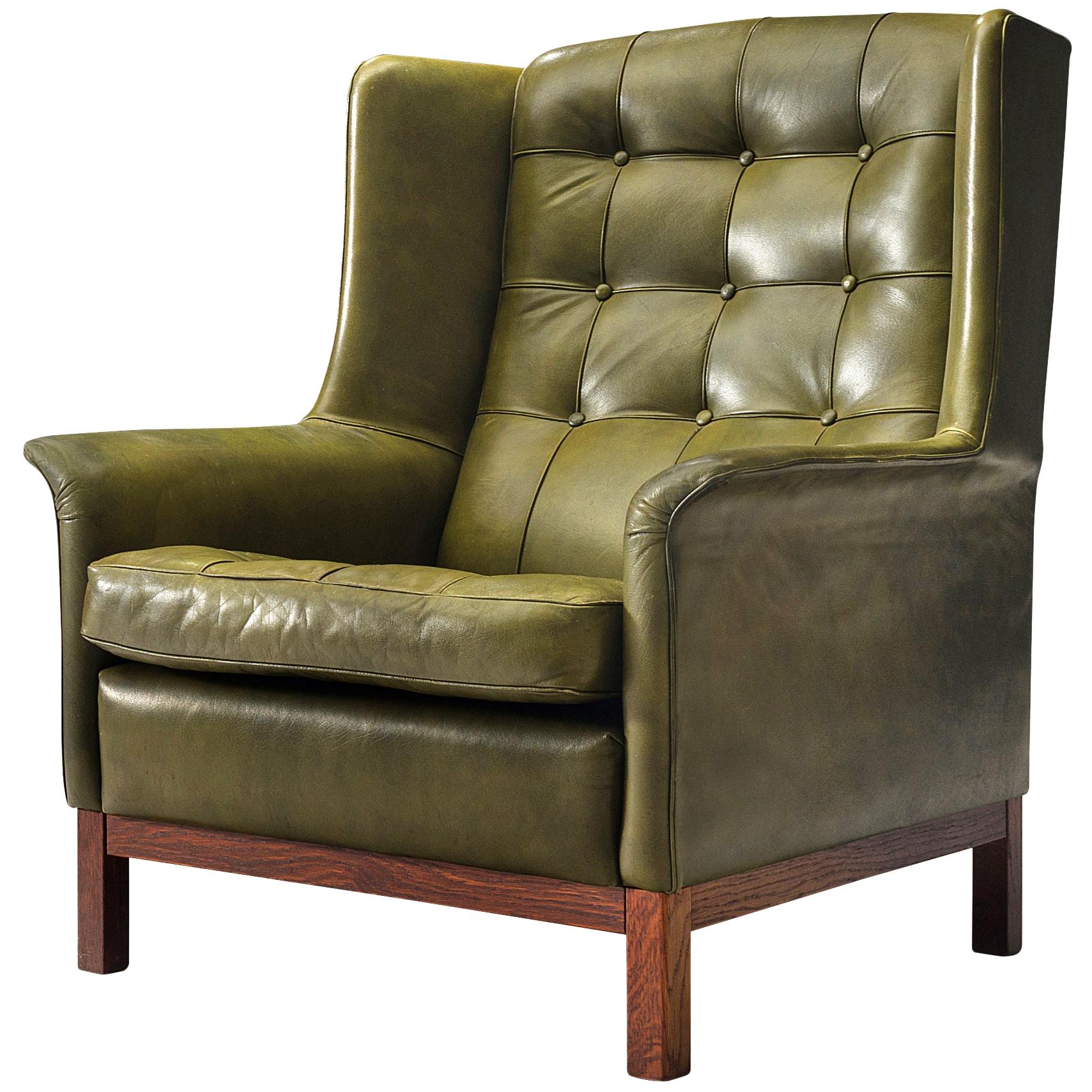 Arne Norell Lounge Chair in Patinated Green Leather