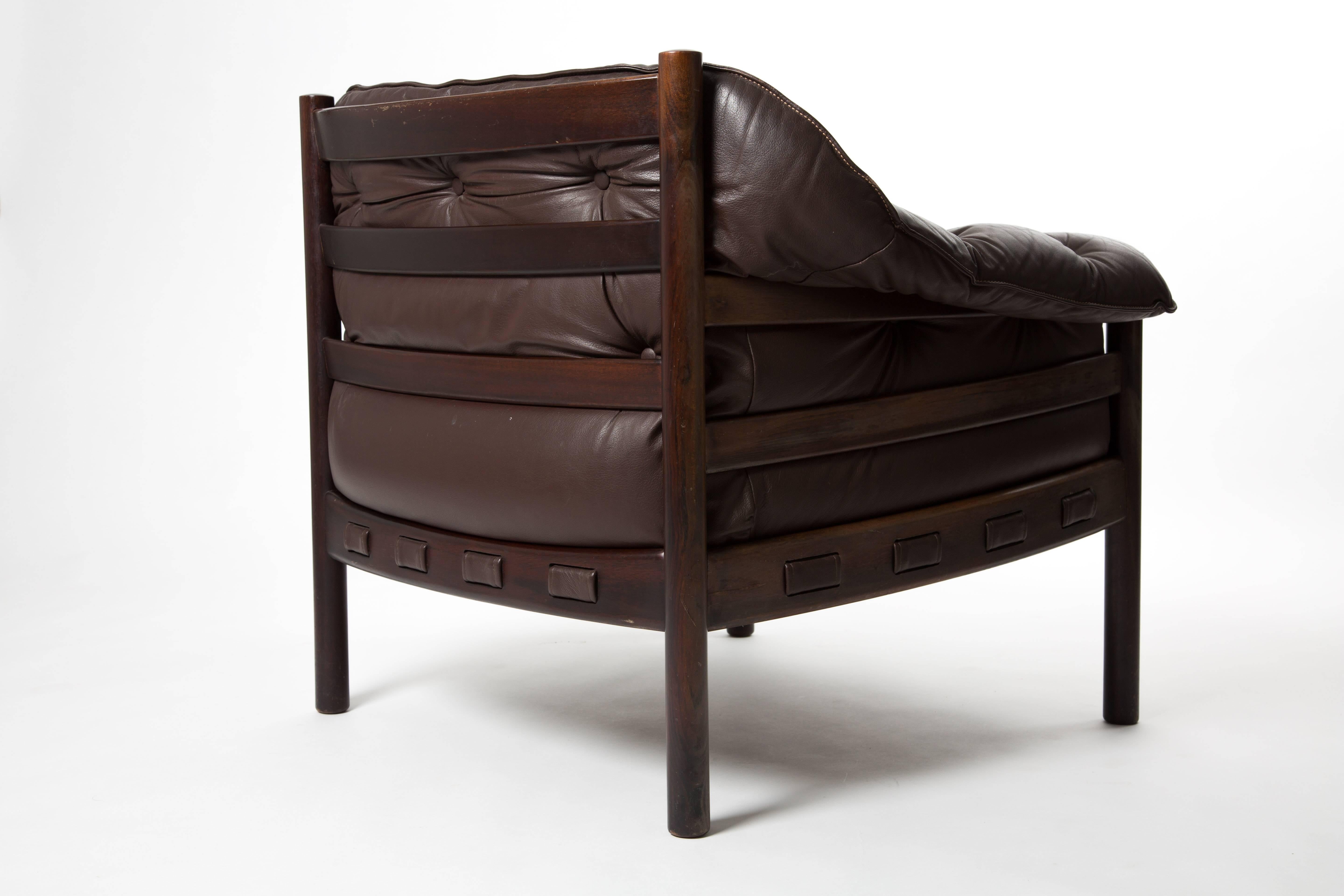 Scandinavian Modern Arne Norell Lounge Chair in Teak Wood and Brown Leather