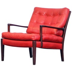 Arne Norell Lounge Easy Chairs Model Löven Arne Norell Red Leather Mahogany