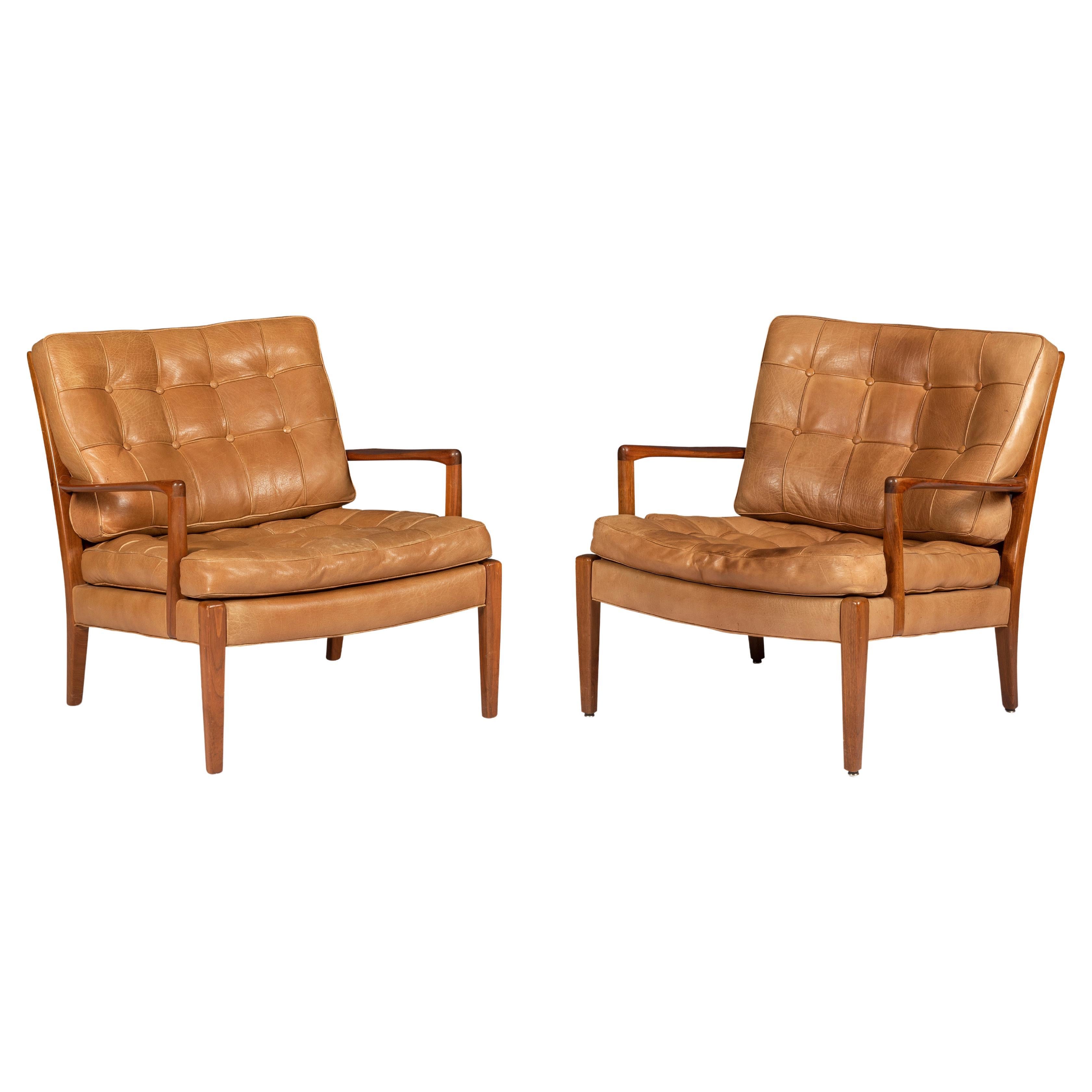 Arne Norell "Löven" Pair of Easy Arm Chair in Walnut and Leather, Swedish 1960s