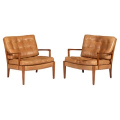 Arne Norell "Löven" Pair of Easy Arm Chair in Walnut and Leather, Swedish 1960s