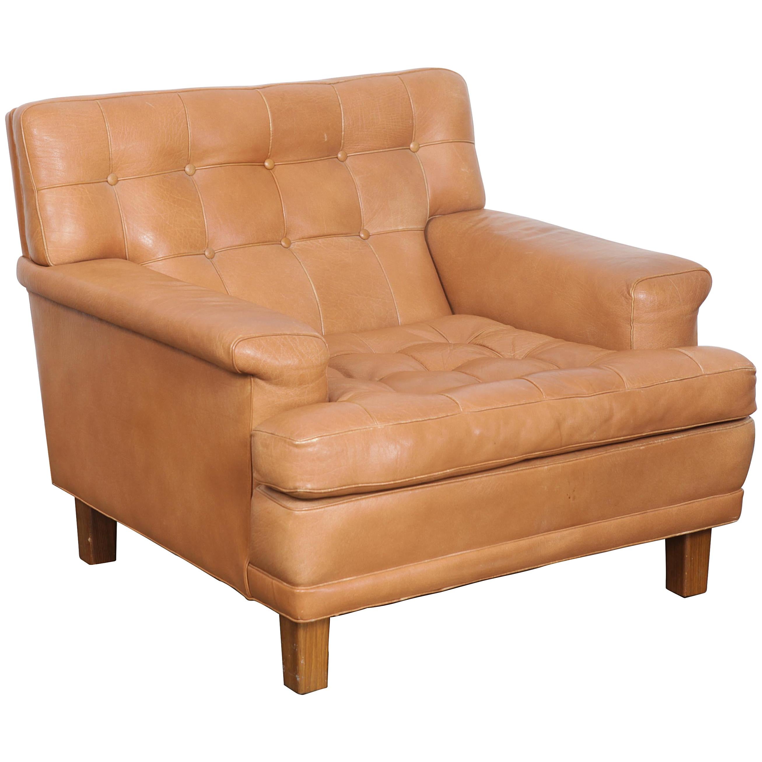 Arne Norell Merkur Tan Leather Tufted Lounge Chair, Sweden, Norell AB