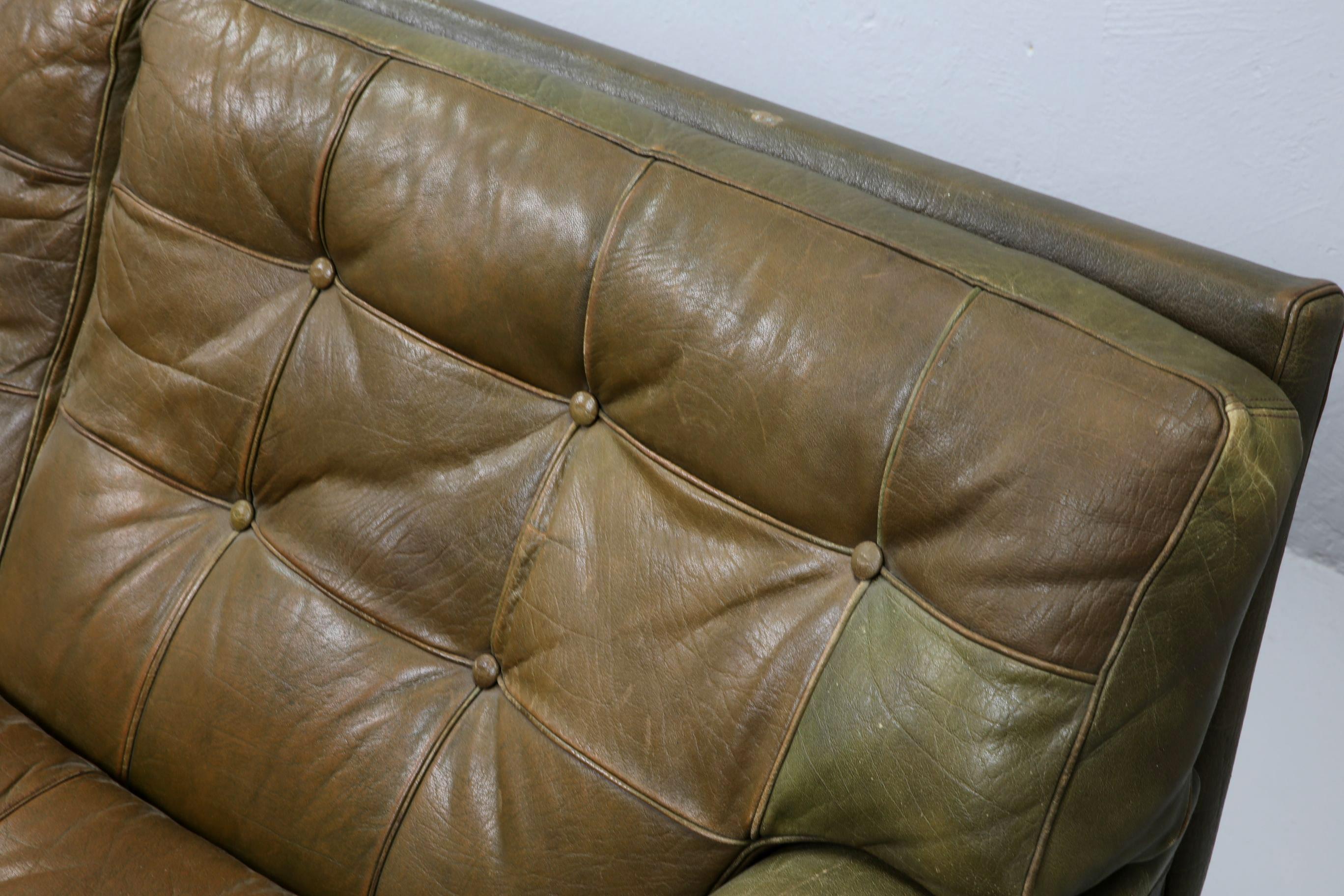 Arne Norell 'Mexico' Sofa in Moss Green Leather, 3 Seats, Denmark 1960s In Good Condition For Sale In Bochum, NRW