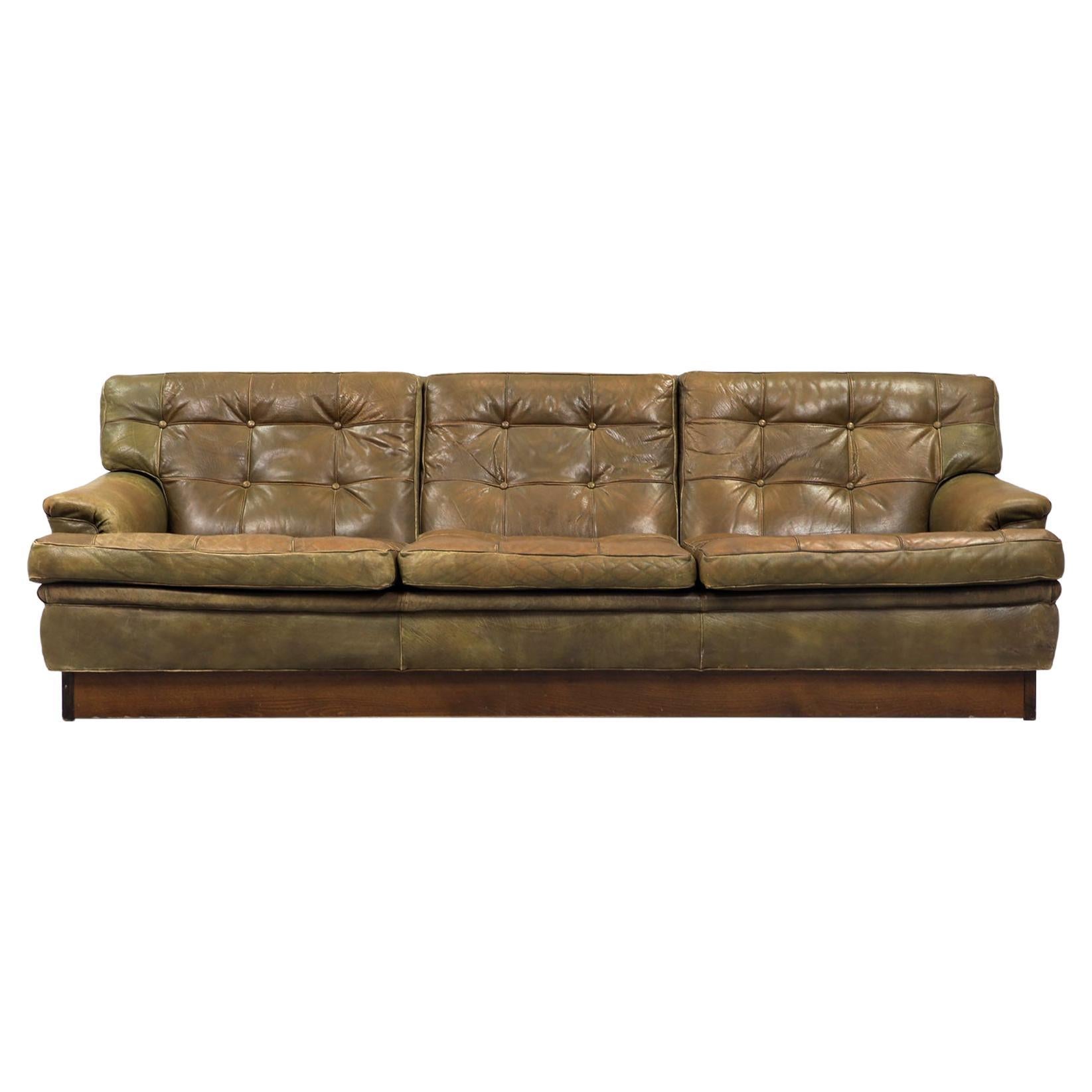 Arne Norell 'Mexico' Sofa in Moss Green Leather, 3 Seats, Denmark 1960s For Sale