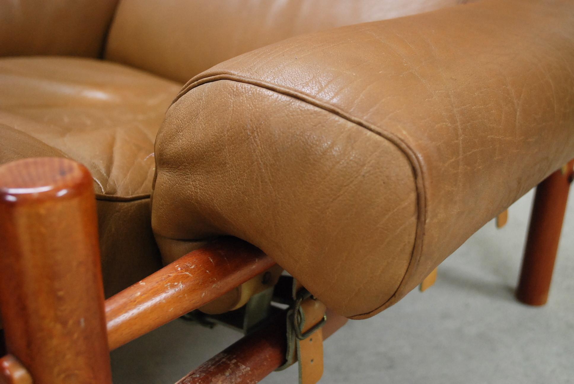 Brass Arne Norell Model Inca Caramel Leather Lounge Chair and Ottoman