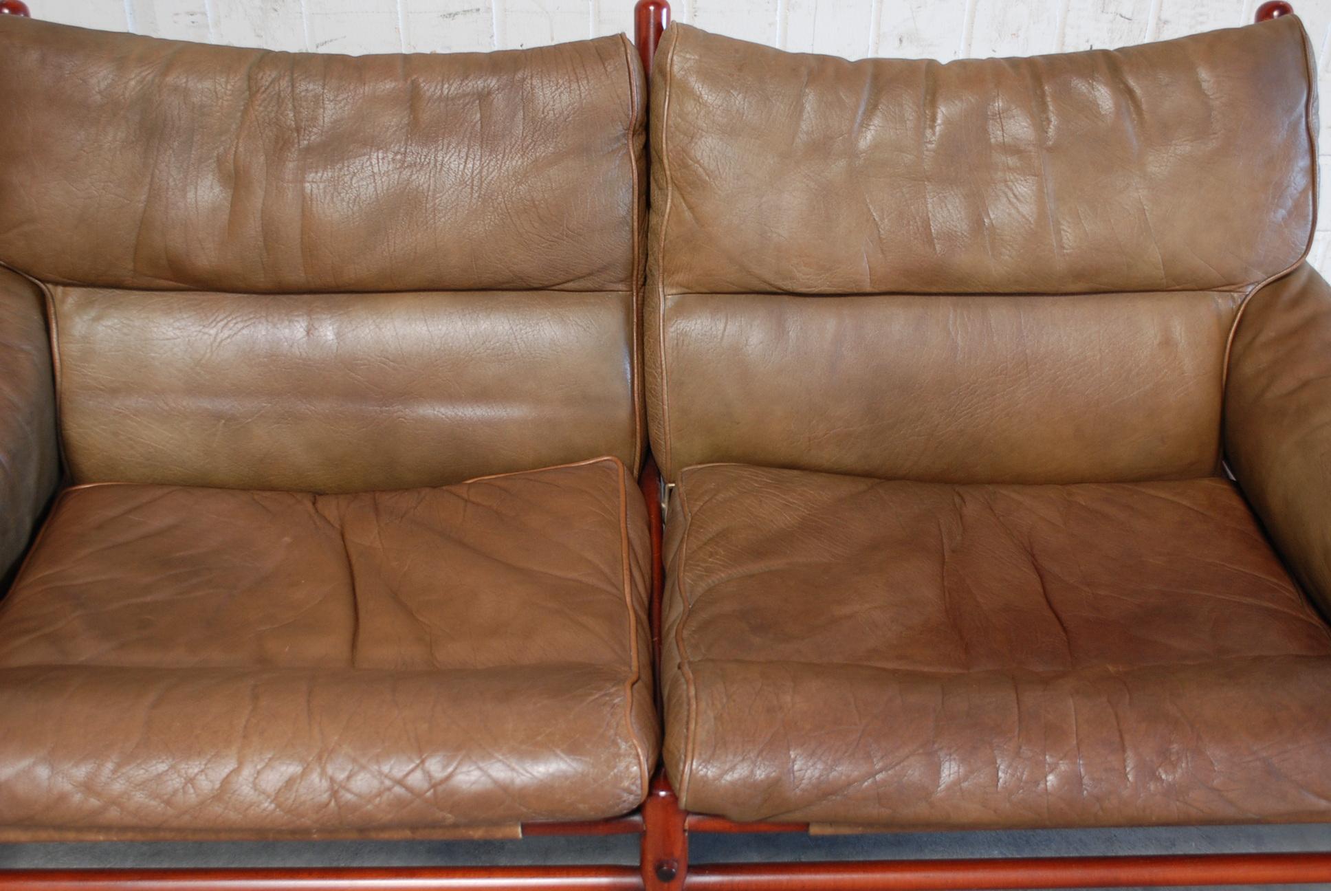 Mid-Century Modern Arne Norell Model Kontiki Brown Olive Leather Sofa
