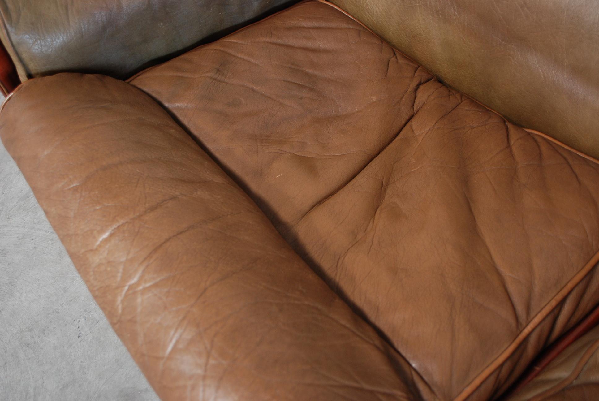 Arne Norell Model Kontiki Brown Olive Leather Sofa In Good Condition In Munich, Bavaria