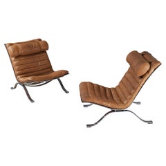 Arne Norell Pair of 'Ari' Lounge Chairs in Cognac Leather and Steel