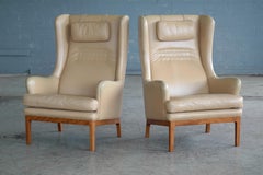 Arne Norell Pair of High Back Lounge Chairs Model Krister in Tan Leather, 1960s
