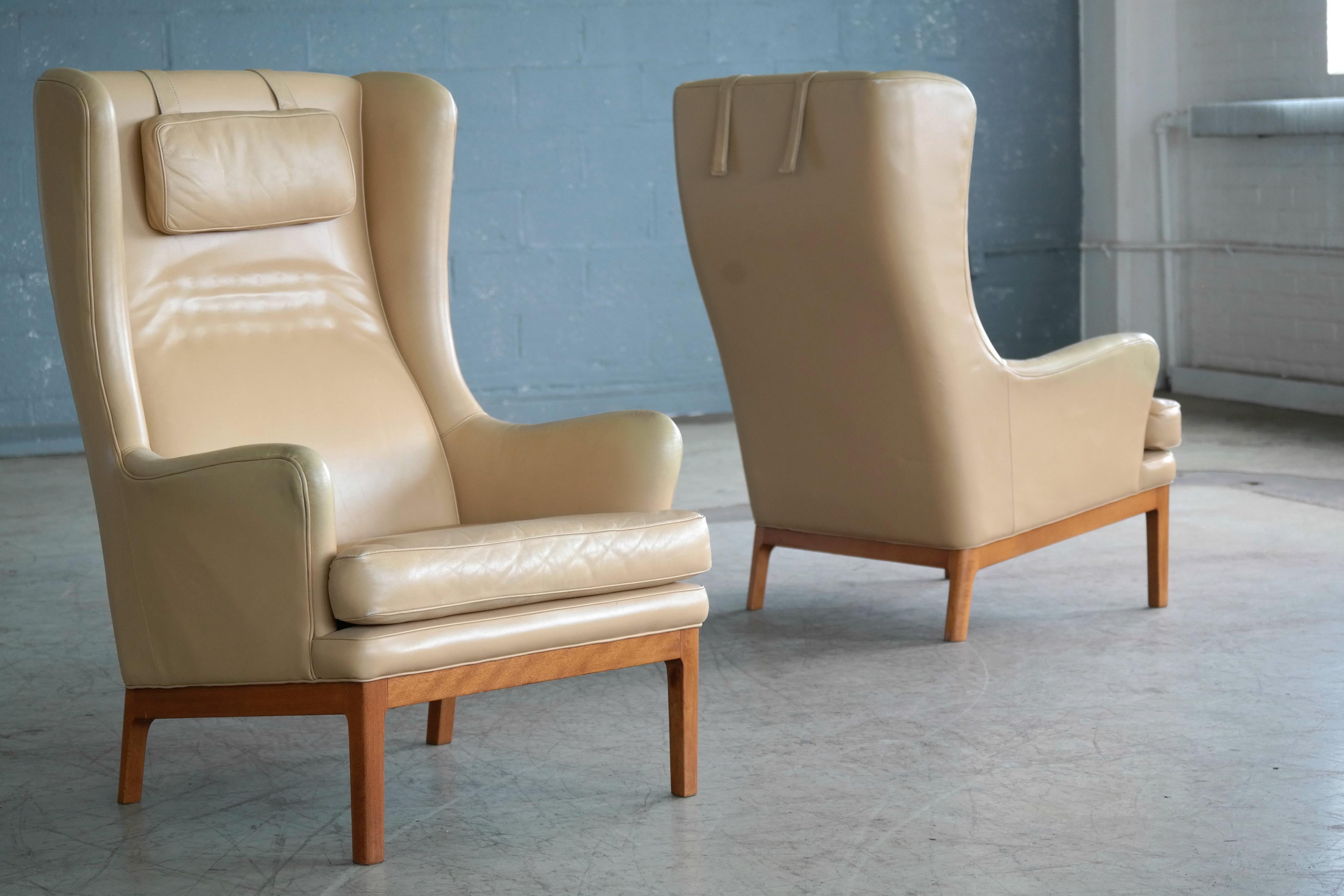 Mid-Century Modern Arne Norell Pair of High Back Lounge Chairs Model Krister in Tan Leather, 1960s