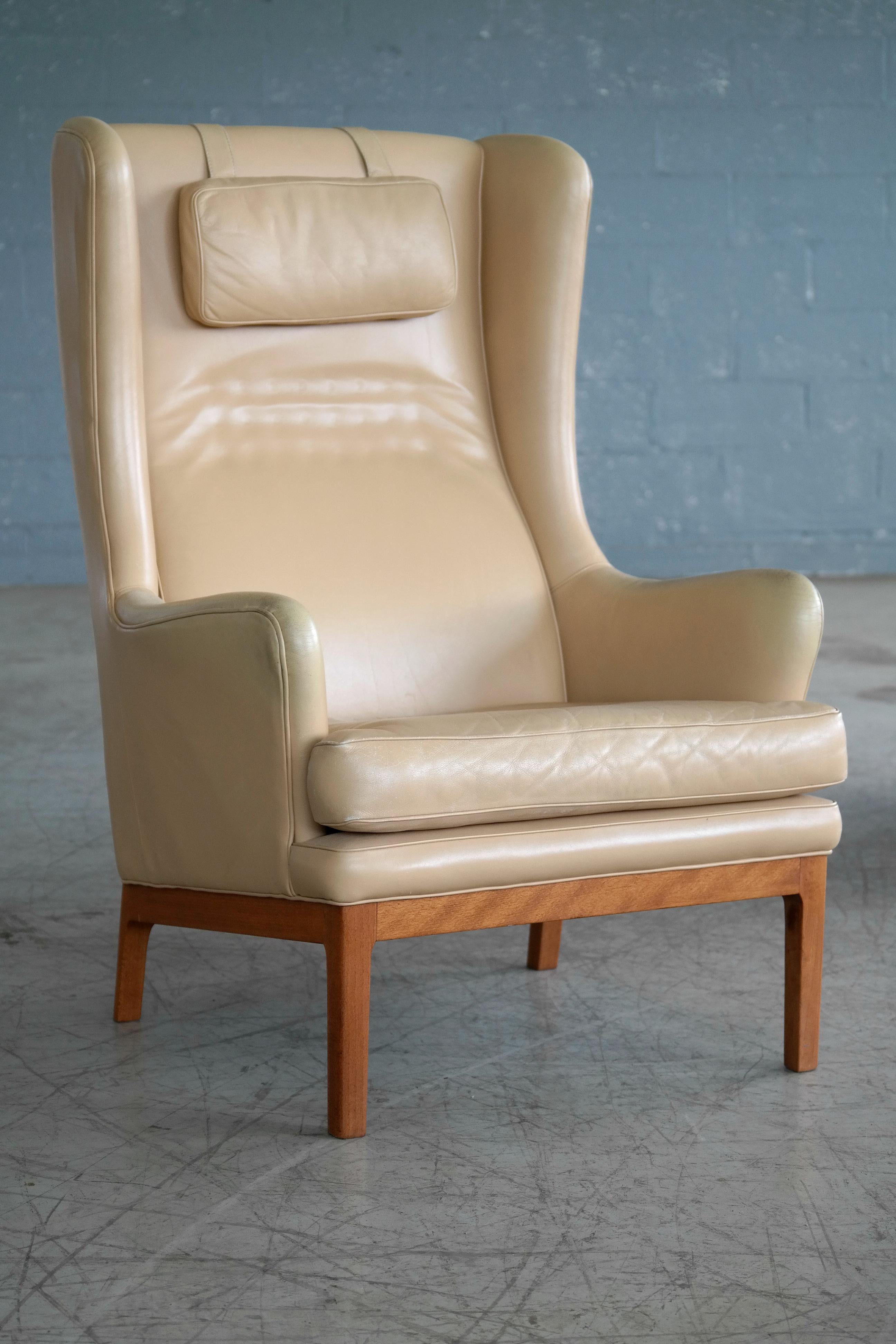 Swedish Arne Norell Pair of High Back Lounge Chairs Model Krister in Tan Leather, 1960s