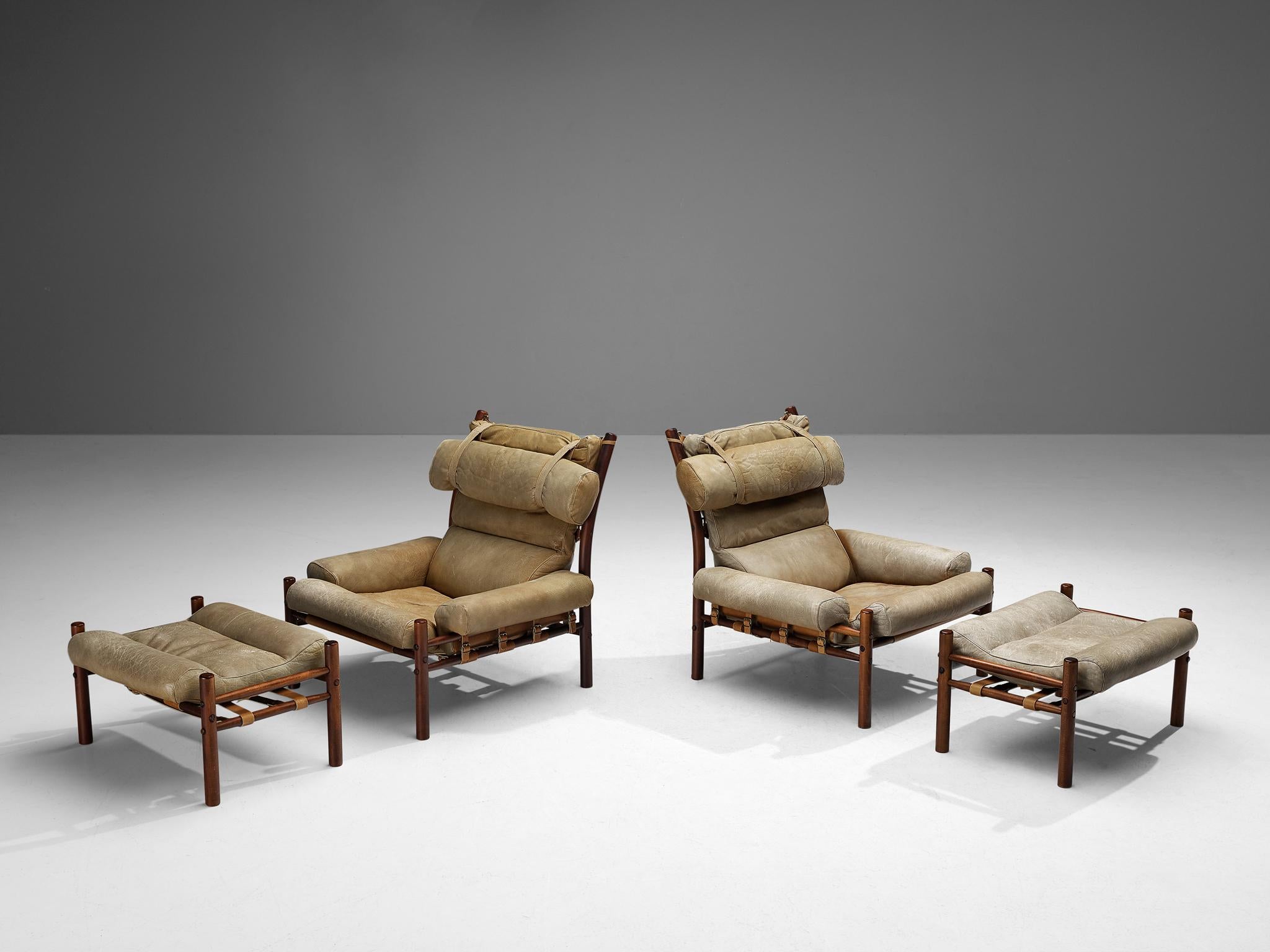 Mid-20th Century Arne Norell Pair of 'Inca' Lounge Chairs with Ottomans in Leather