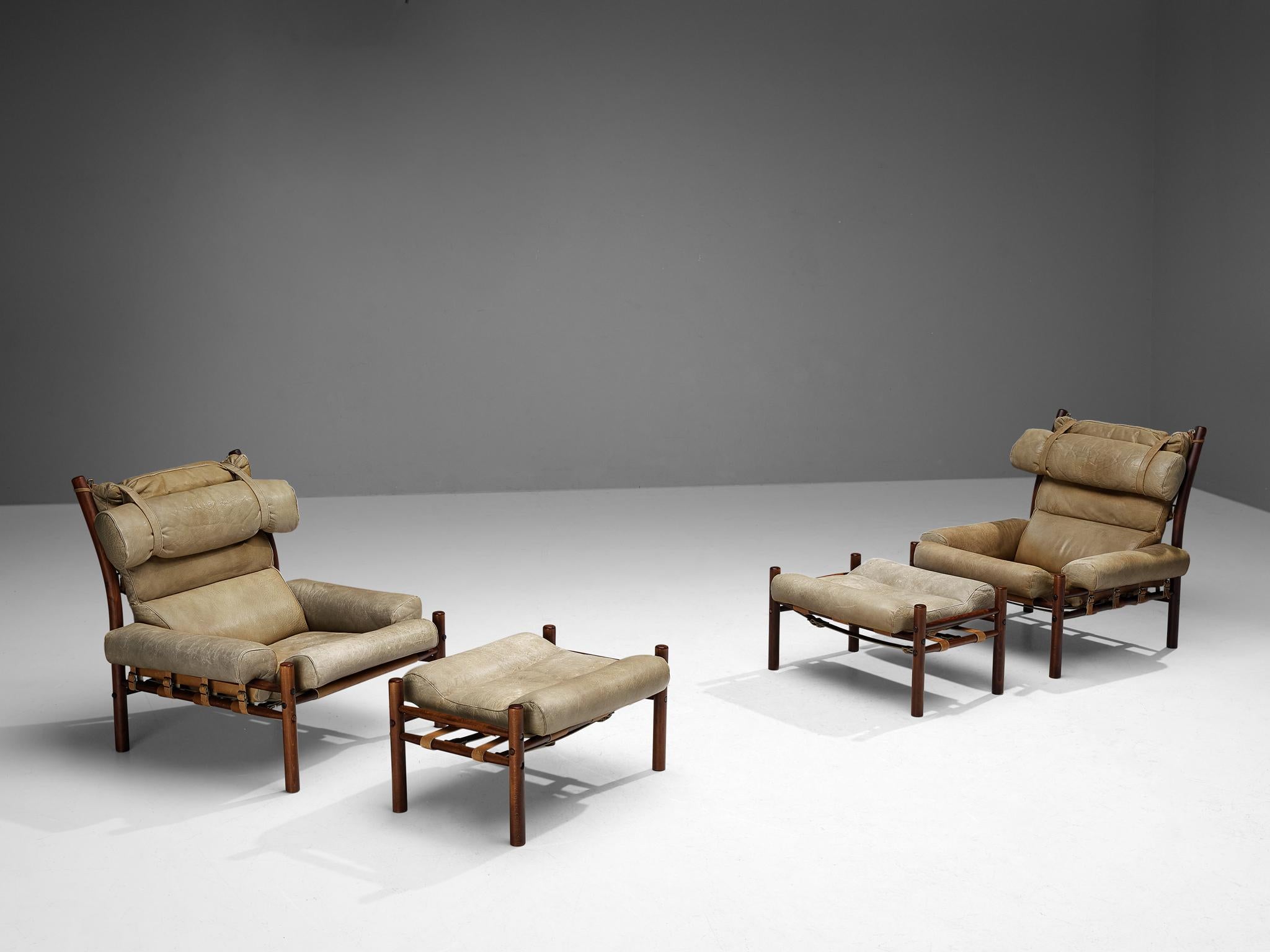 Arne Norell Pair of 'Inca' Lounge Chairs with Ottomans in Leather 2