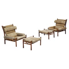 Arne Norell Pair of 'Inca' Lounge Chairs with Ottomans in Leather