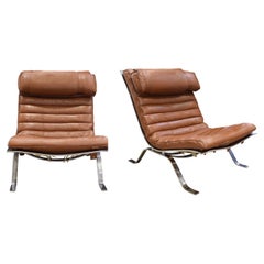 Arne Norell Pair of Sculptural Lounge Chairs with Custom Channeled Leather 1960s