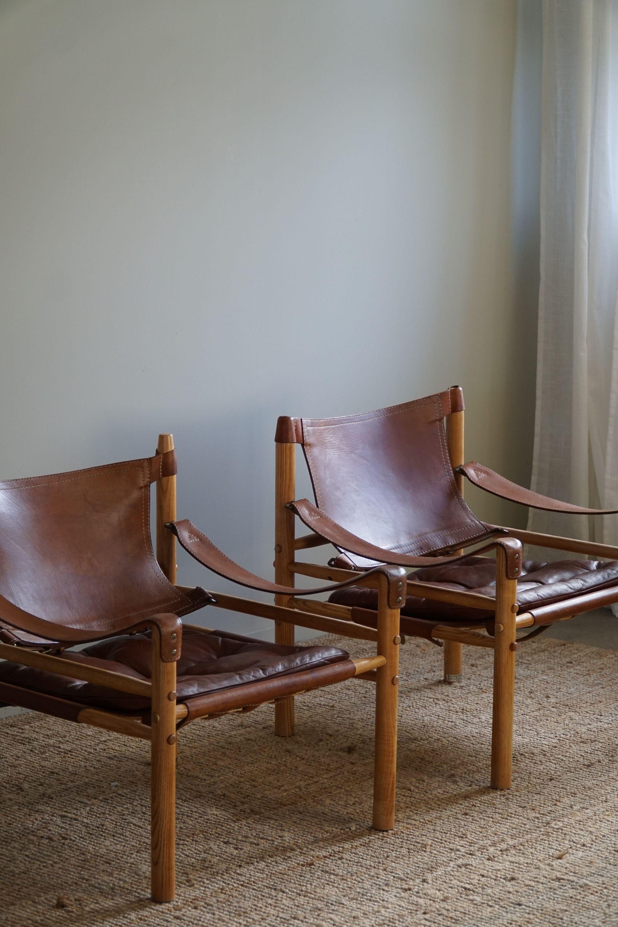 Danish Arne Norell, Pair of Sirocco Lounge Chairs, Leather and Ash, AB Aneby, 1960s