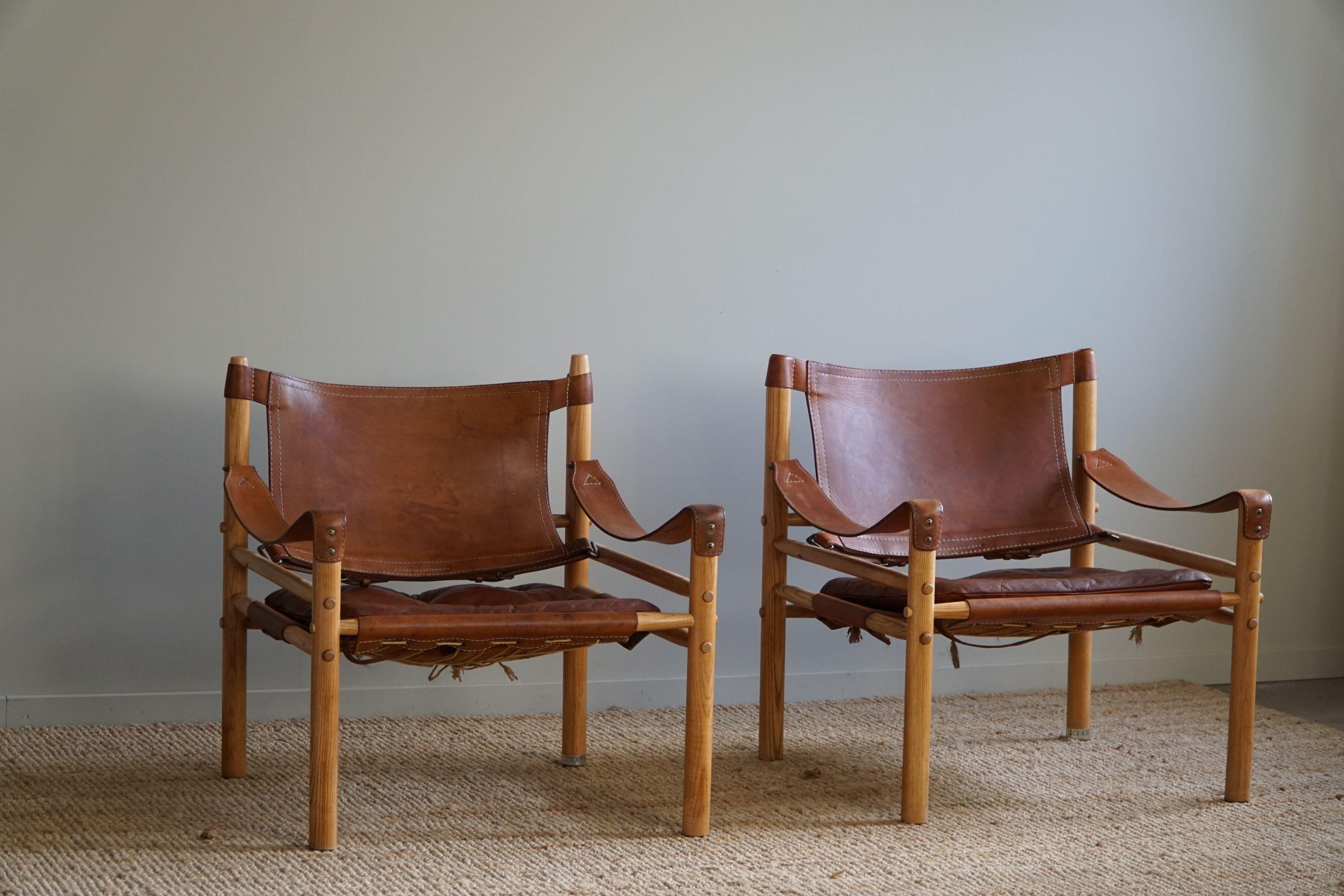 20th Century Arne Norell, Pair of Sirocco Lounge Chairs, Leather and Ash, AB Aneby, 1960s