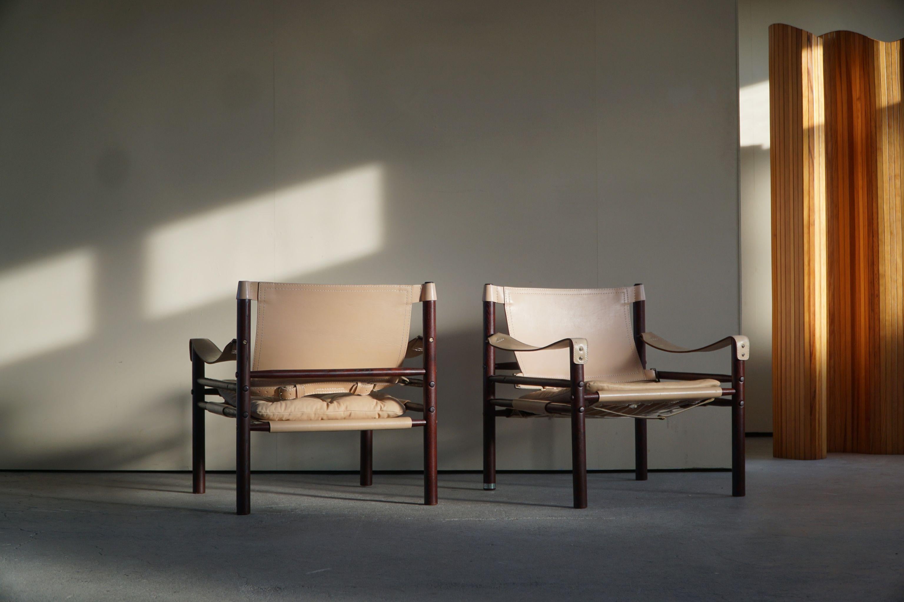 Swedish Arne Norell, Pair of Sirocco Lounge Chairs, Leather and Oak, AB Aneby, 1970s