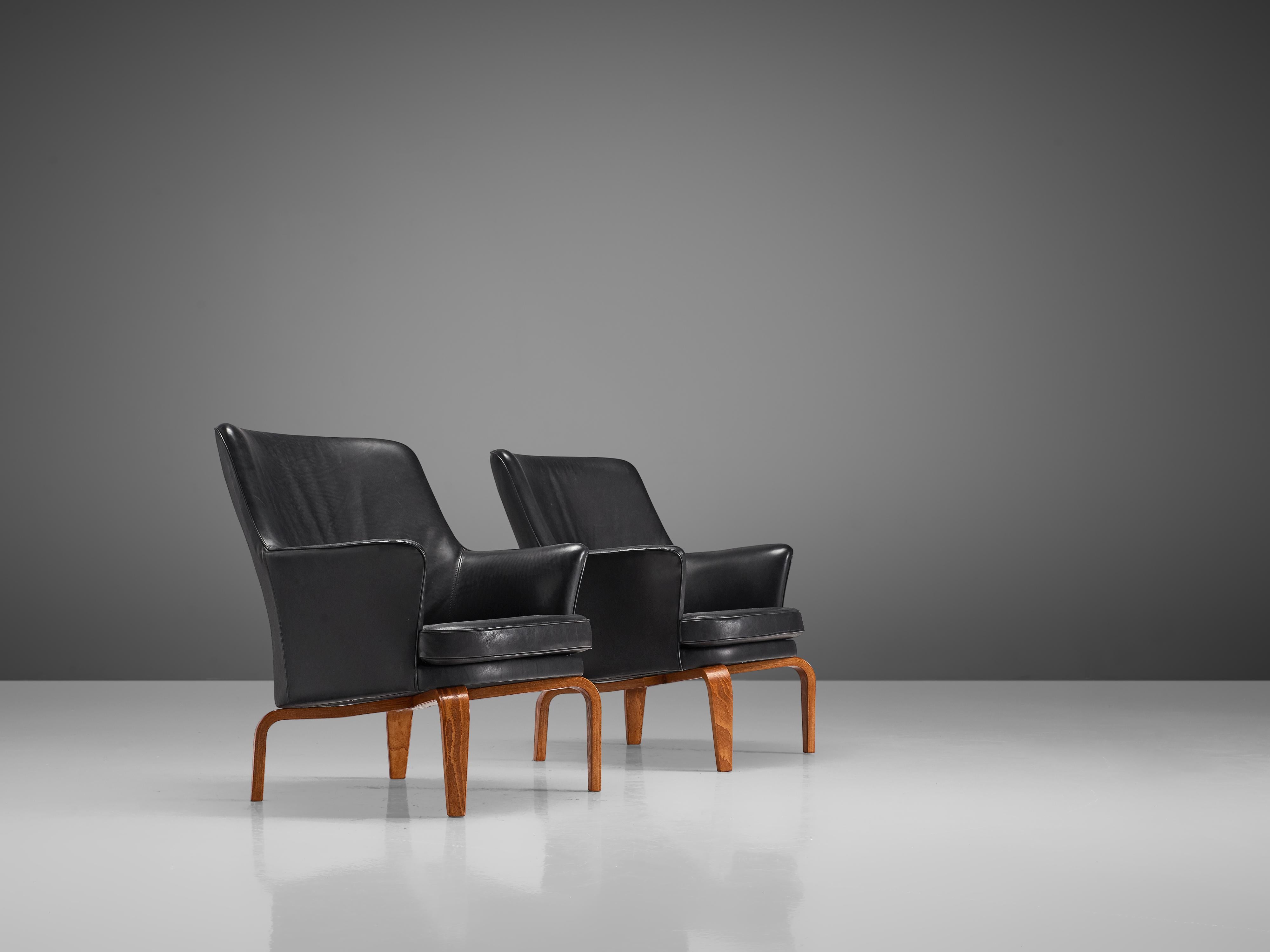 Swedish Arne Norell 'Pilot' Armchairs in Reupholstered Black Leather 