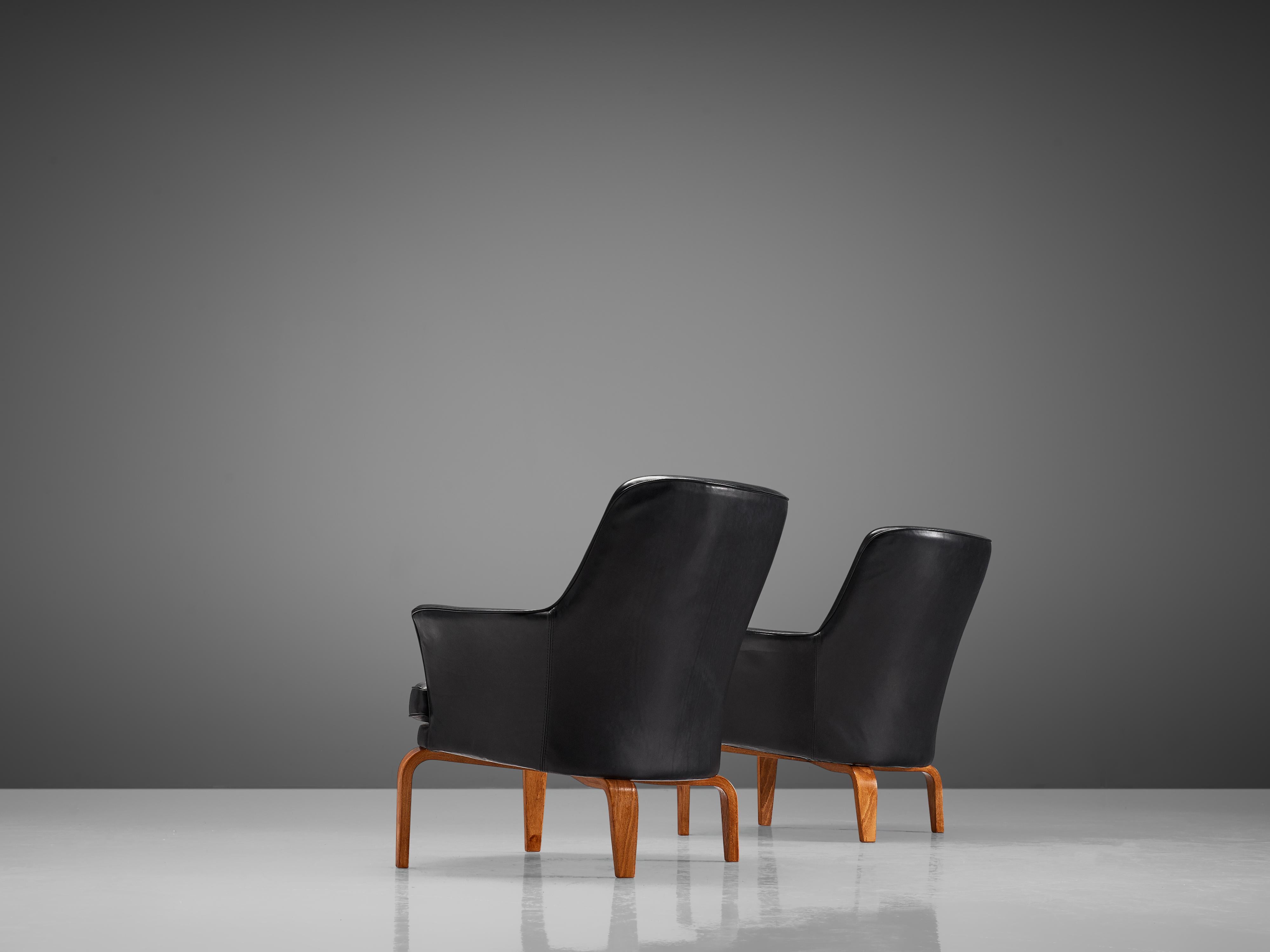 Late 20th Century Arne Norell 'Pilot' Armchairs in Reupholstered Black Leather 