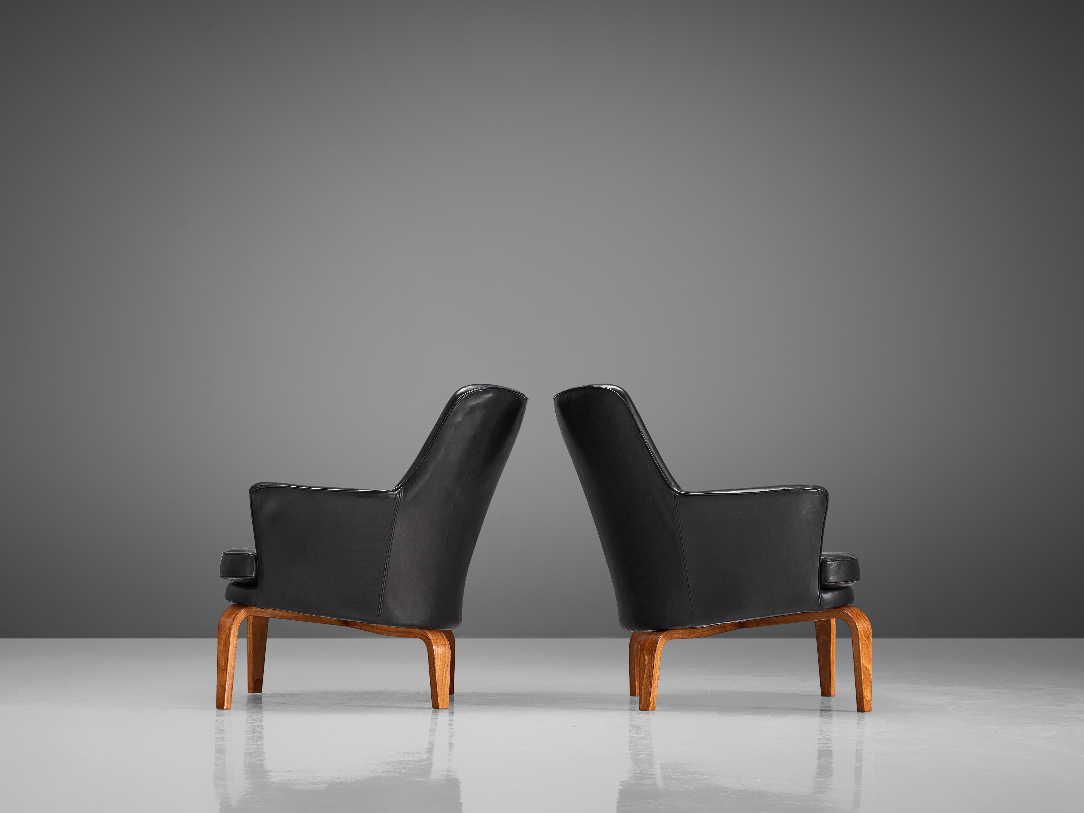 Arne Norell 'Pilot' Armchairs in Reupholstered Black Leather  2