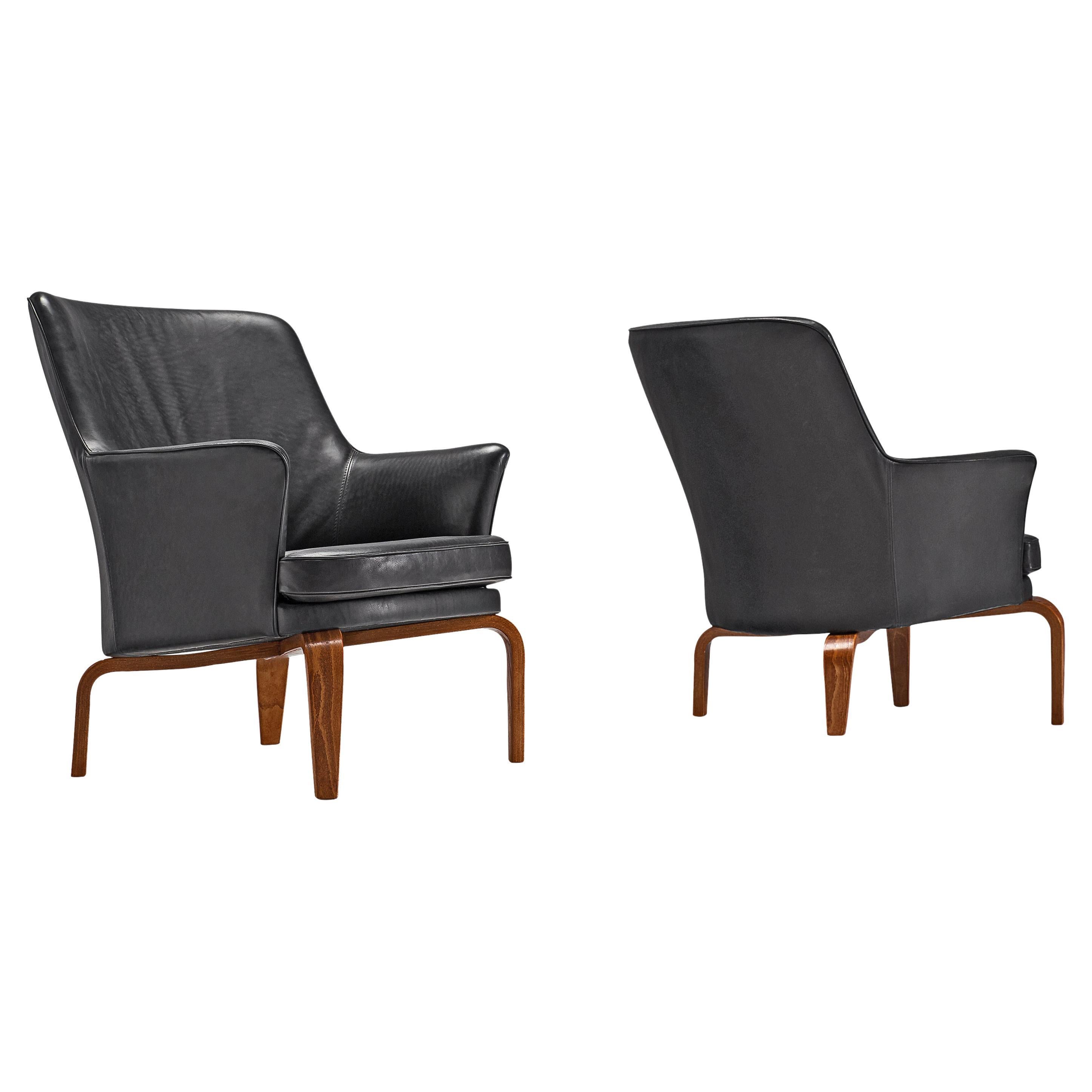 Arne Norell 'Pilot' Armchairs in Reupholstered Black Leather 