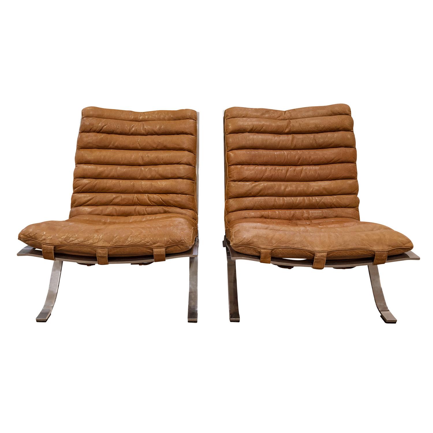 Mid-Century Modern Arne Norell Pair of Lounge Chairs with Original Leather Slings 1960s (Signed) For Sale