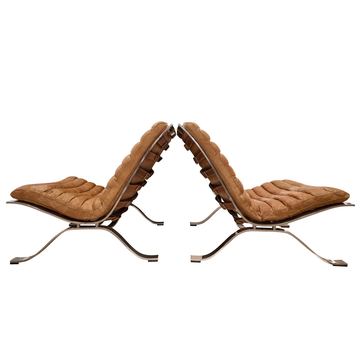 Swedish Arne Norell Pair of Lounge Chairs with Original Leather Slings 1960s (Signed) For Sale
