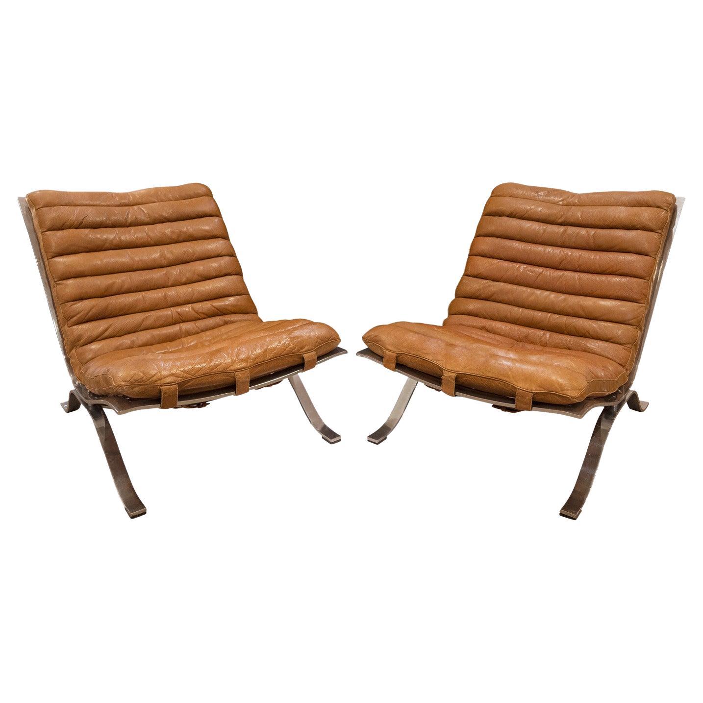 Arne Norell Pair of Lounge Chairs with Original Leather Slings 1960s (Signed) For Sale