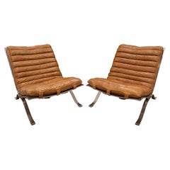 Used Arne Norell Pair of Lounge Chairs with Original Leather Slings 1960s (Signed)