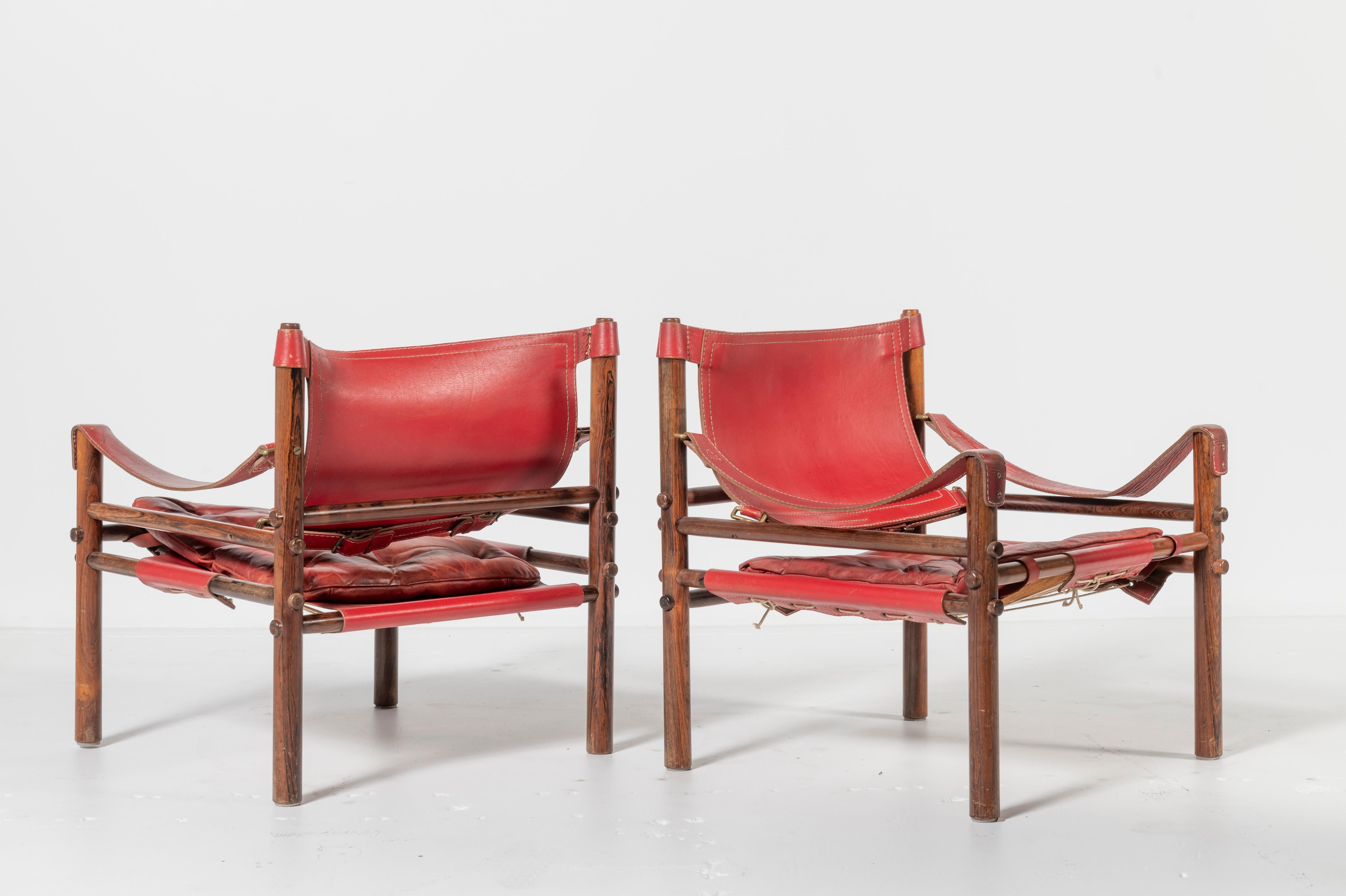 Arne Norell Red Leather and Wood Safari Chairs For Sale 4