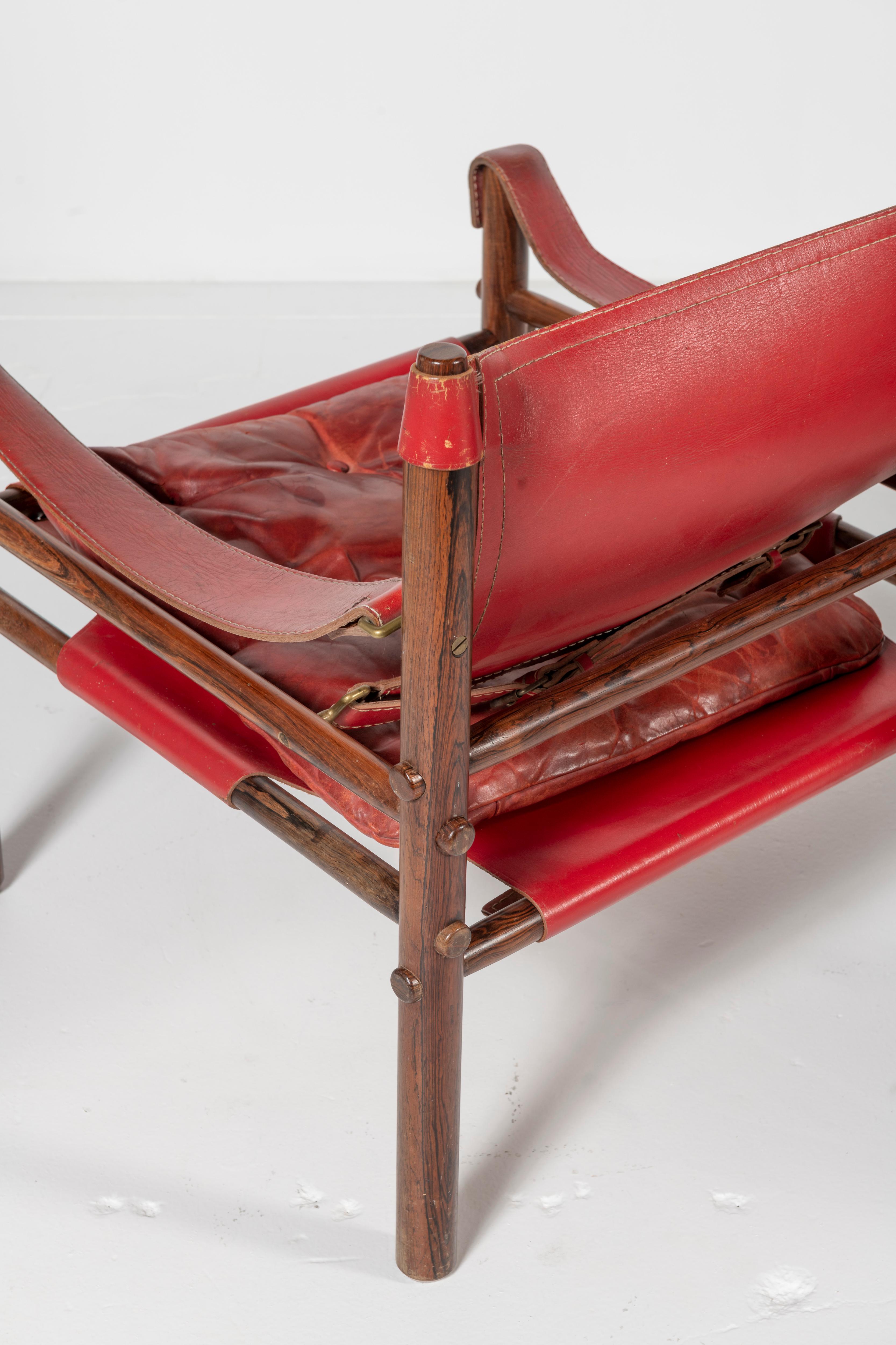 Arne Norell Red Leather and Wood Safari Chairs For Sale 5