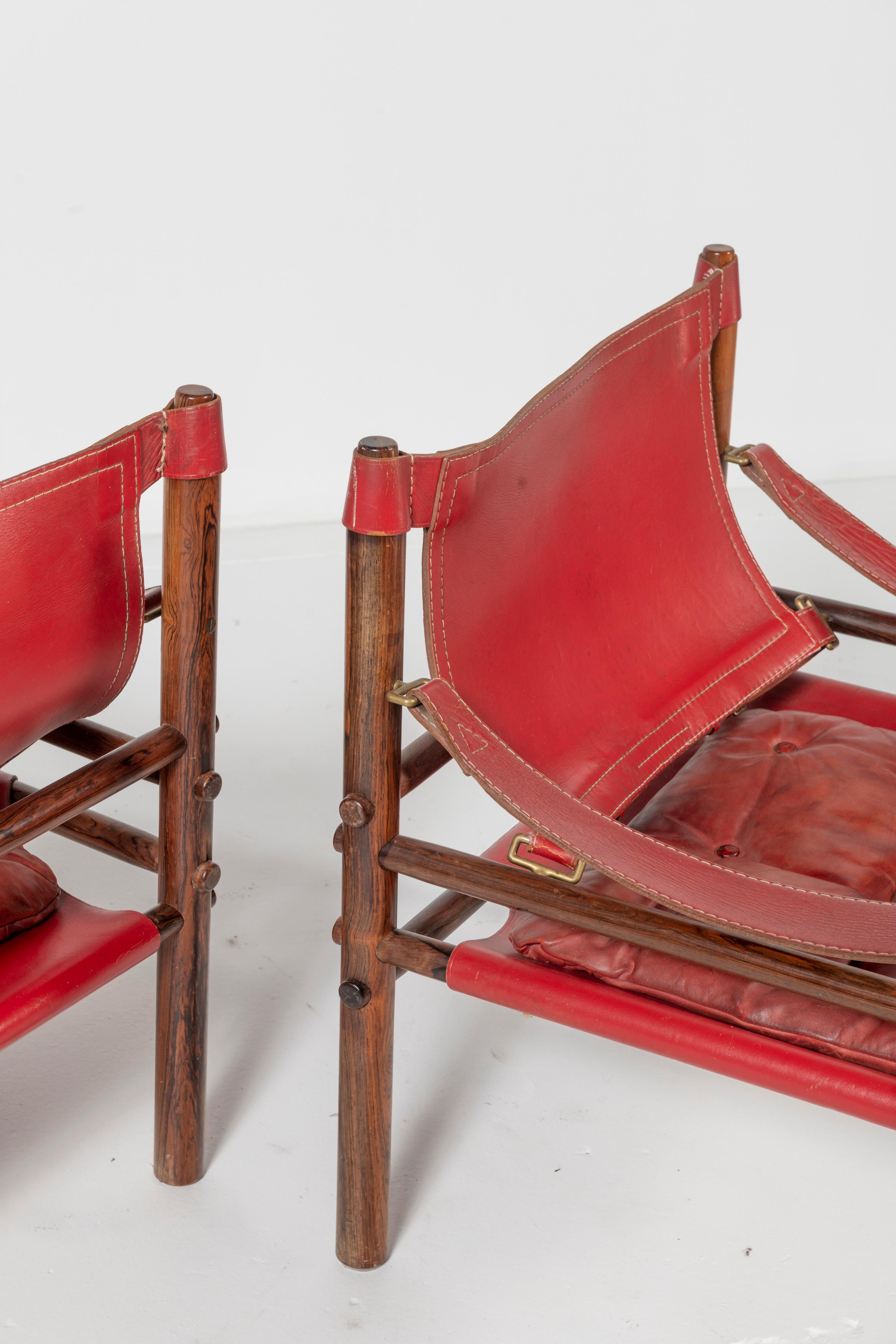 Arne Norell Red Leather and Wood Safari Chairs For Sale 6