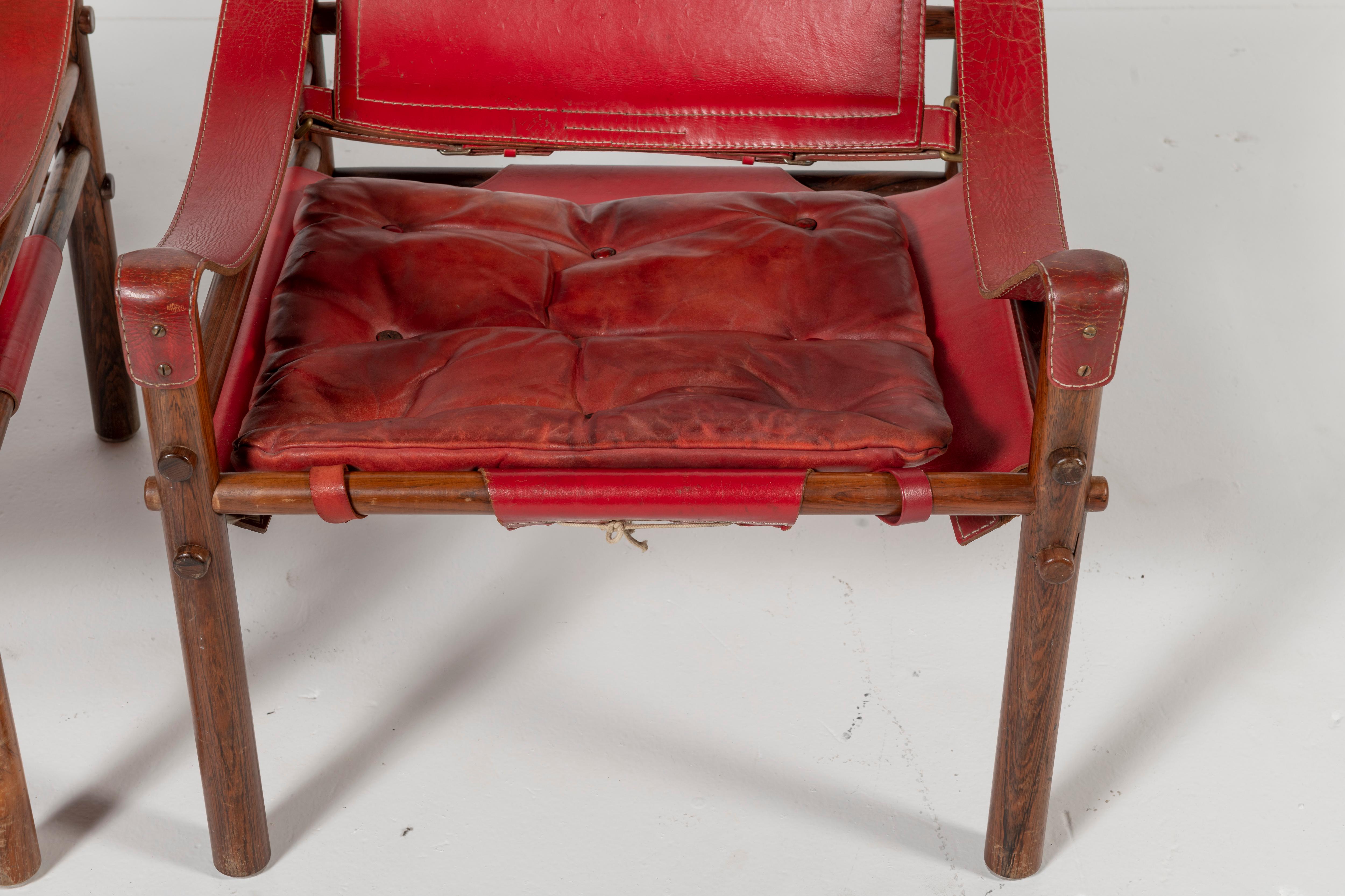 20th Century Arne Norell Red Leather and Wood Safari Chairs For Sale