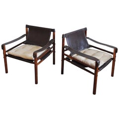 Arne Norell Rosewood and Leather Lounge Chairs Model Sirocco