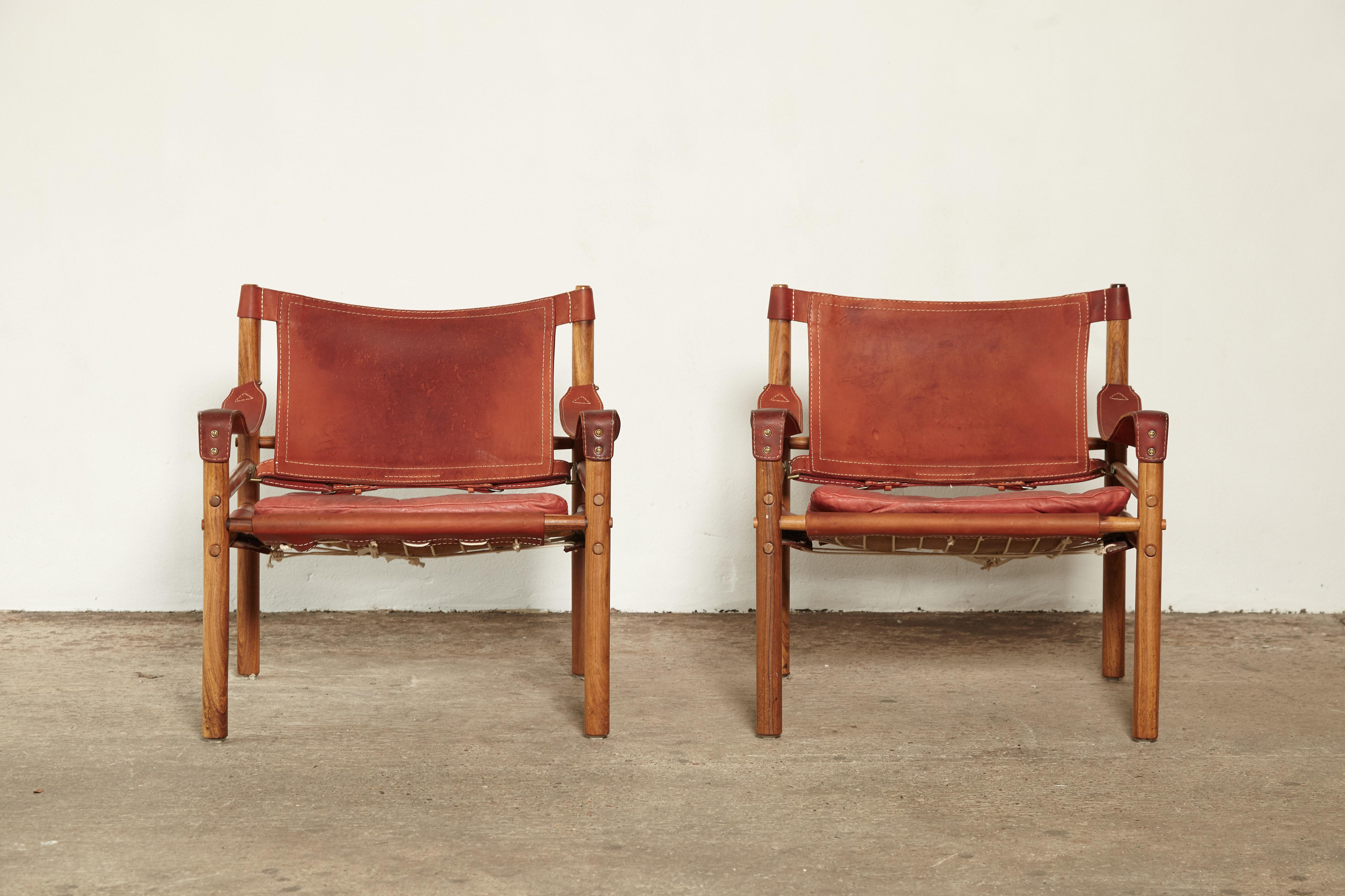 Swedish Arne Norell Rosewood and Leather Safari Sirocco Chairs, Sweden, 1960s