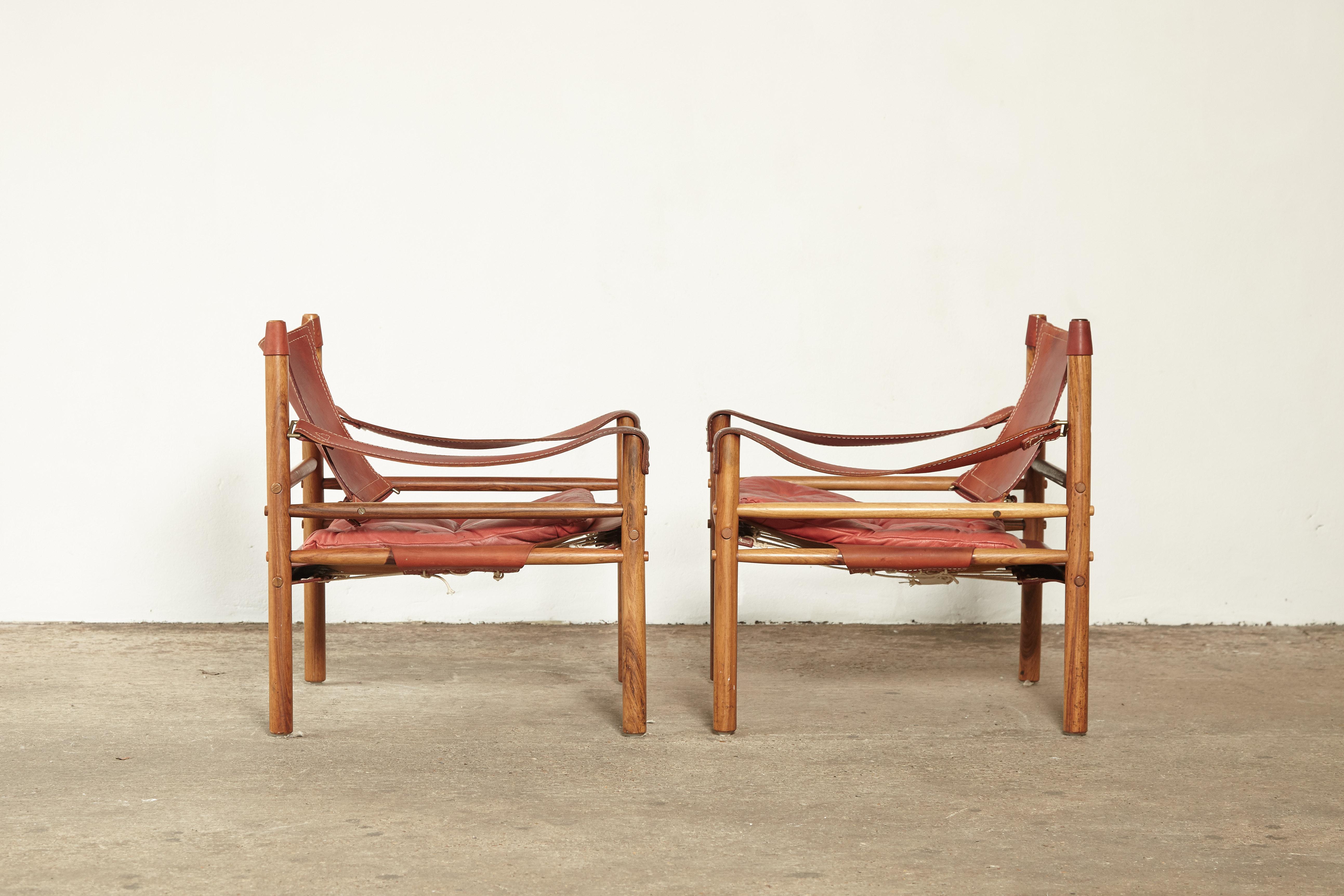 Brass Arne Norell Rosewood and Leather Safari Sirocco Chairs, Sweden, 1960s